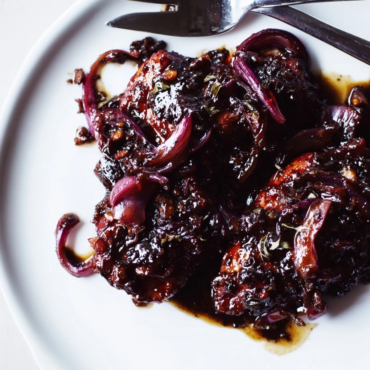 Tender chicken thighs simmered for hours in rich balsamic glaze served over fluffy white rice