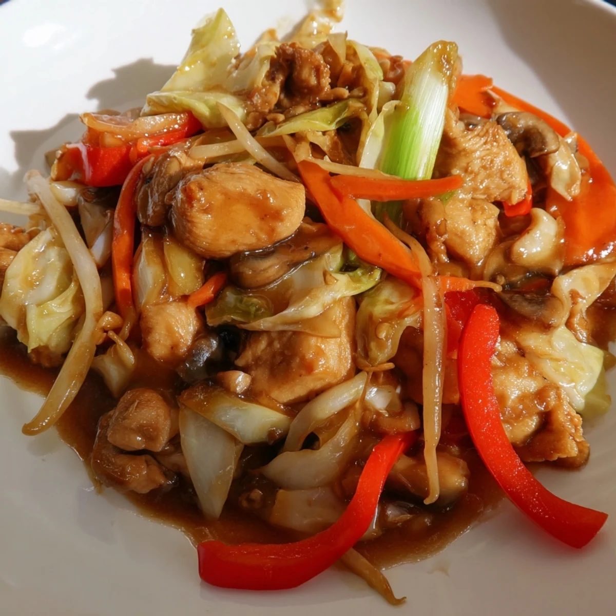 Colorful Chop Suey stir-fry with tender chicken and crisp vegetables in glossy savory sauce served over steamed white rice