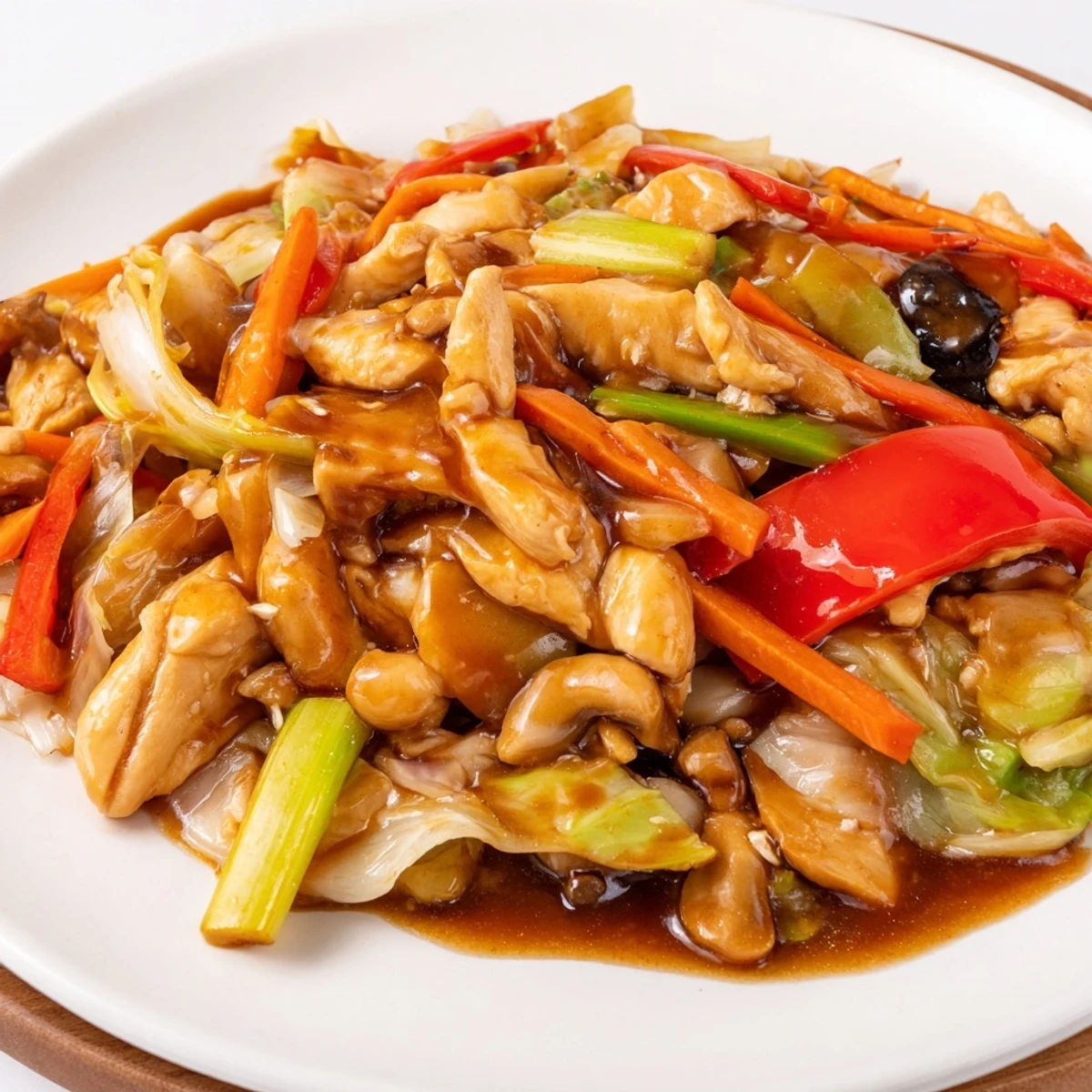 Sizzling wok-tossed Chop Suey with julienned carrots, mushrooms, and aromatics coating every bite of protein and vegetables