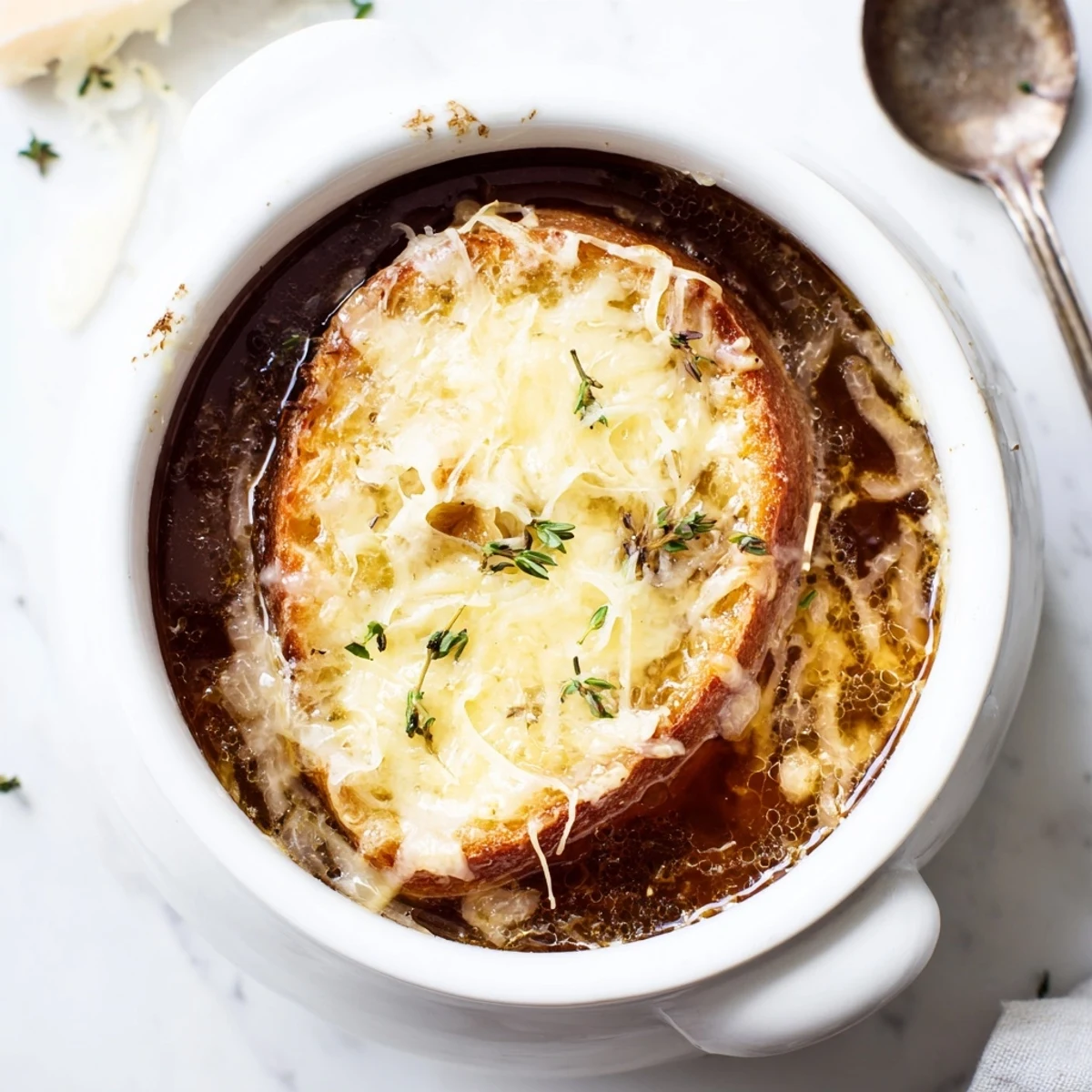 Golden French onion soup topped with bubbly melted Gruyère cheese and crusty bread