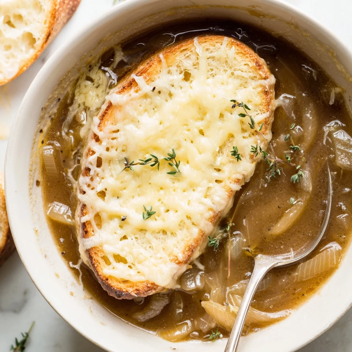Classic French onion soup with savory broth, golden onions, and broiled cheese topping