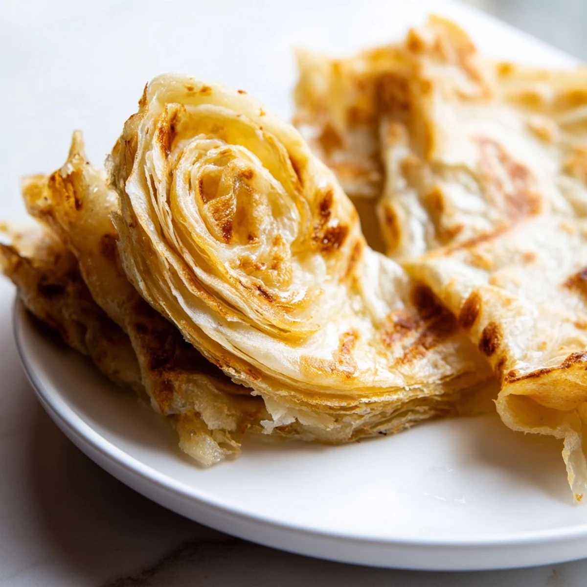 Golden flaky roti canai flatbread with crispy layers stacked on a wooden board