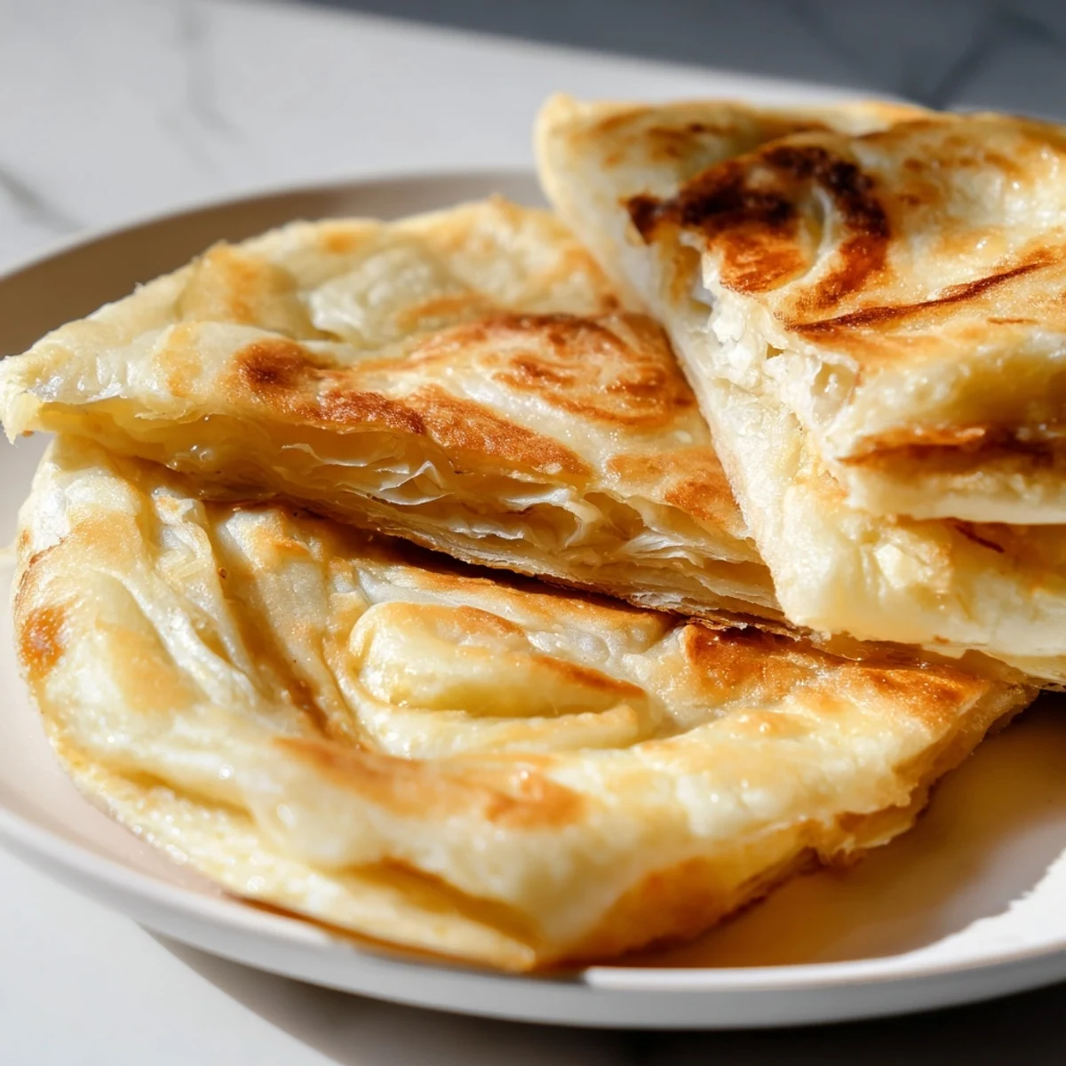 Steaming Malaysian roti canai bread torn apart to reveal tender buttery layers inside