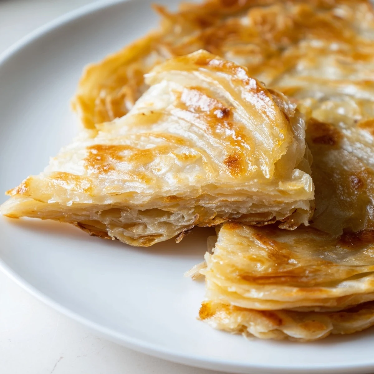 Handheld roti canai flatbread showing signature crispy texture and golden brown surface