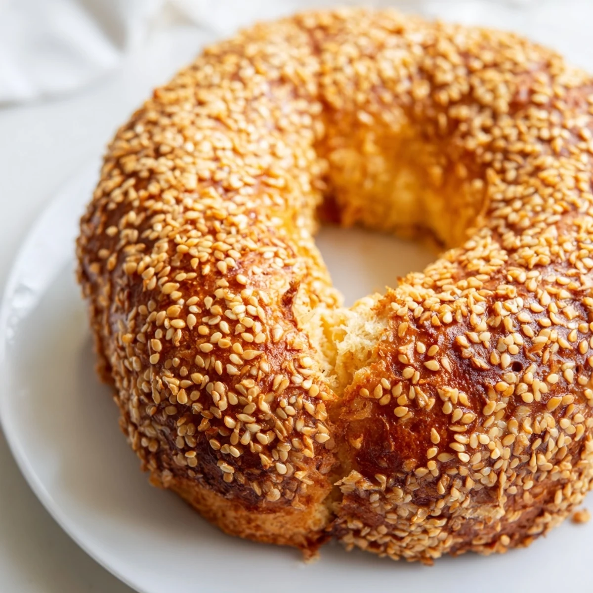 Golden sesame bread rings with crisp crusts and fluffy interiors on wooden board