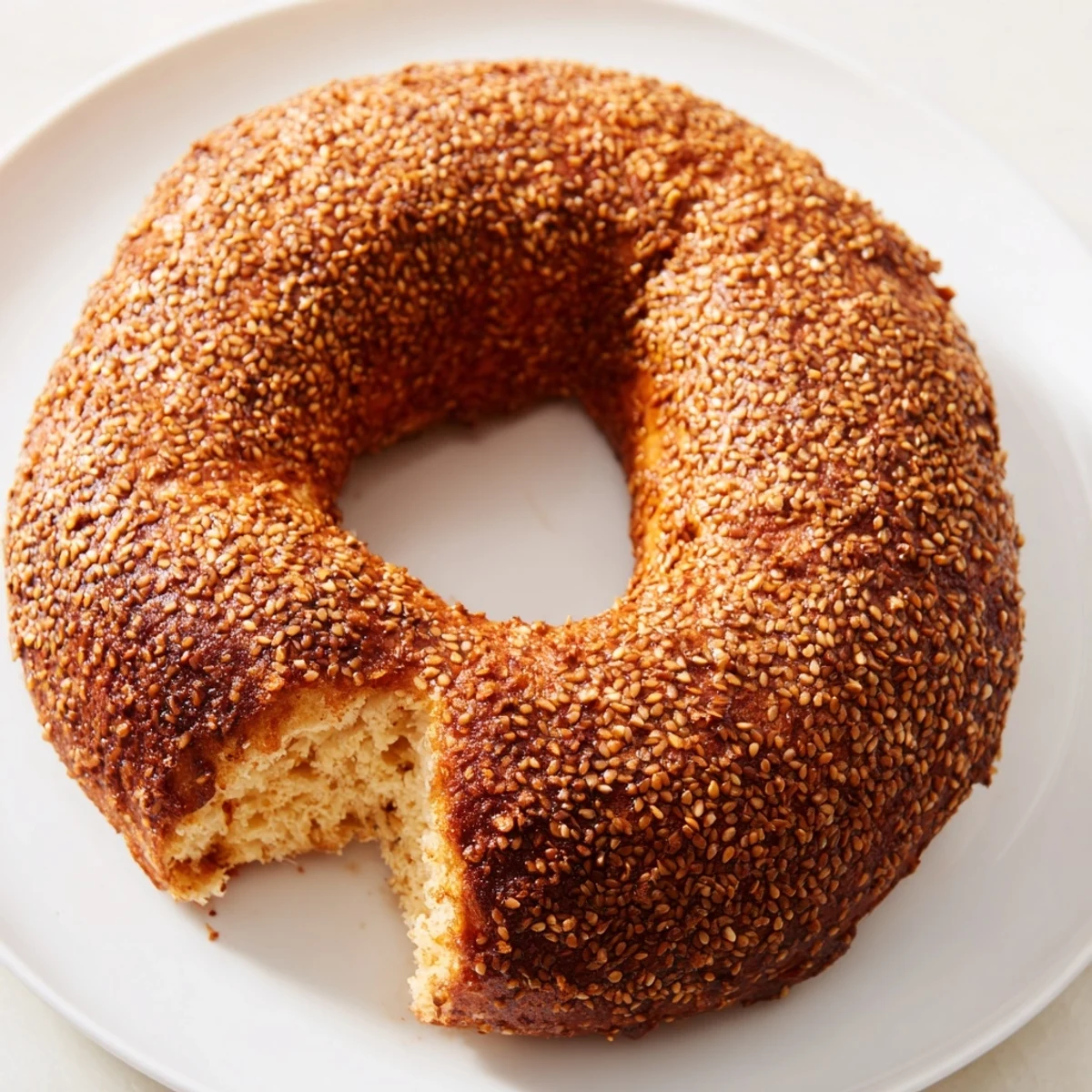 Freshly baked Mediterranean sesame bread rings arranged on white platter with scattered seeds
