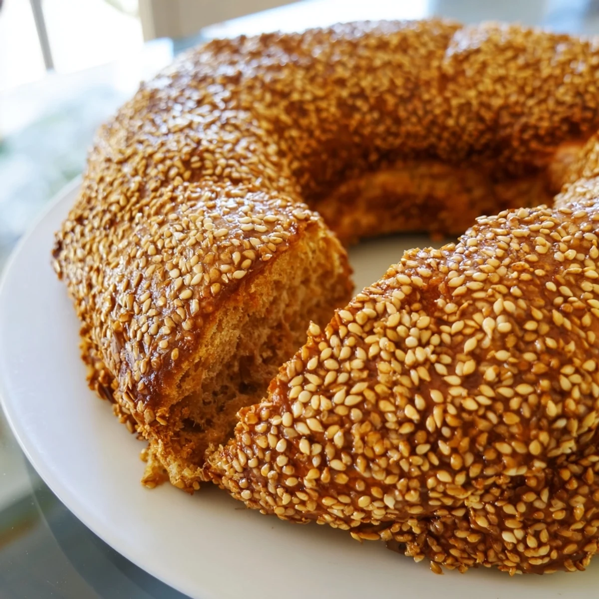 Warm oven-baked sesame bread rings stacked high showcasing generous toasted seed coating