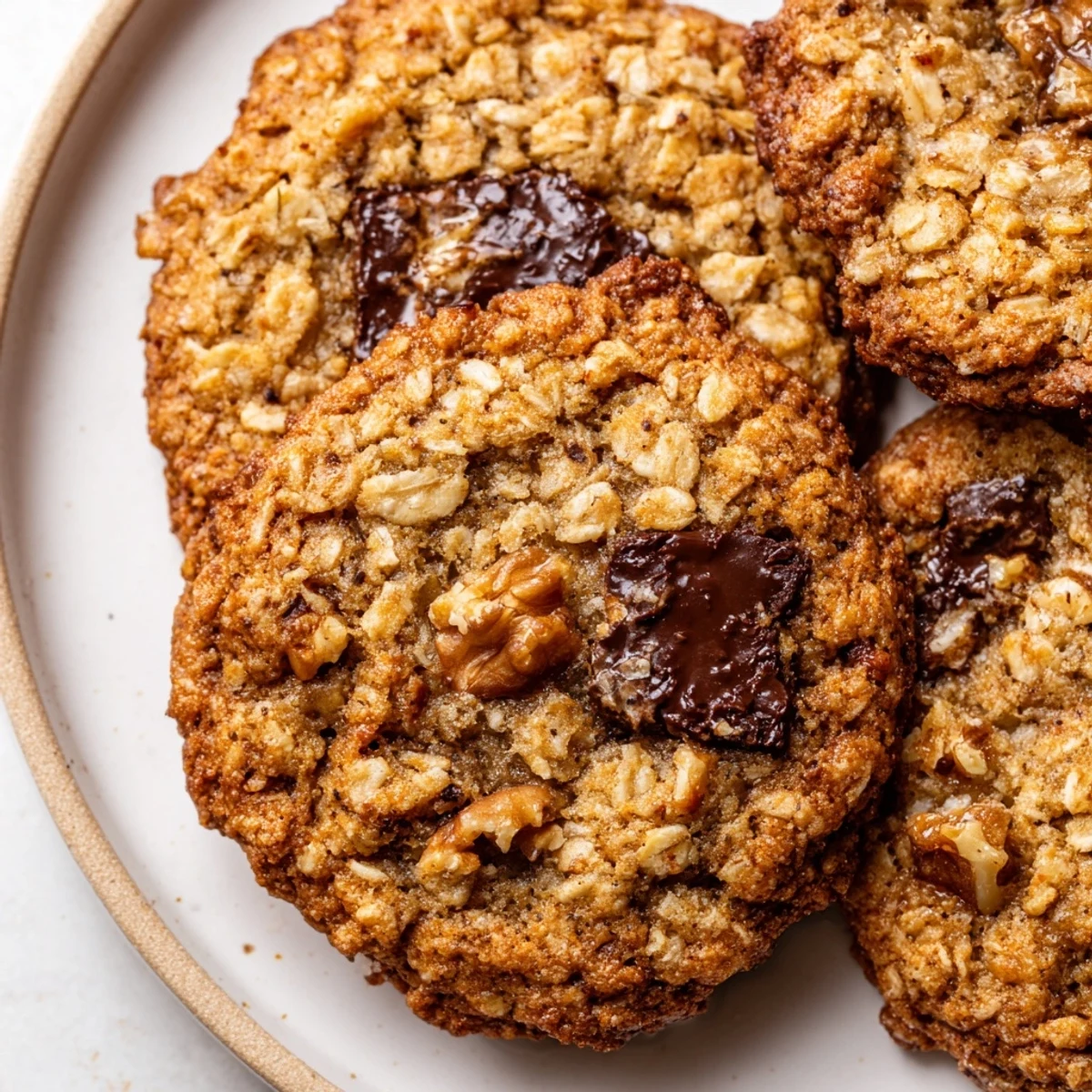 Golden brown butter Irish oat cookies studded with chocolate chips on a wire cooling rack