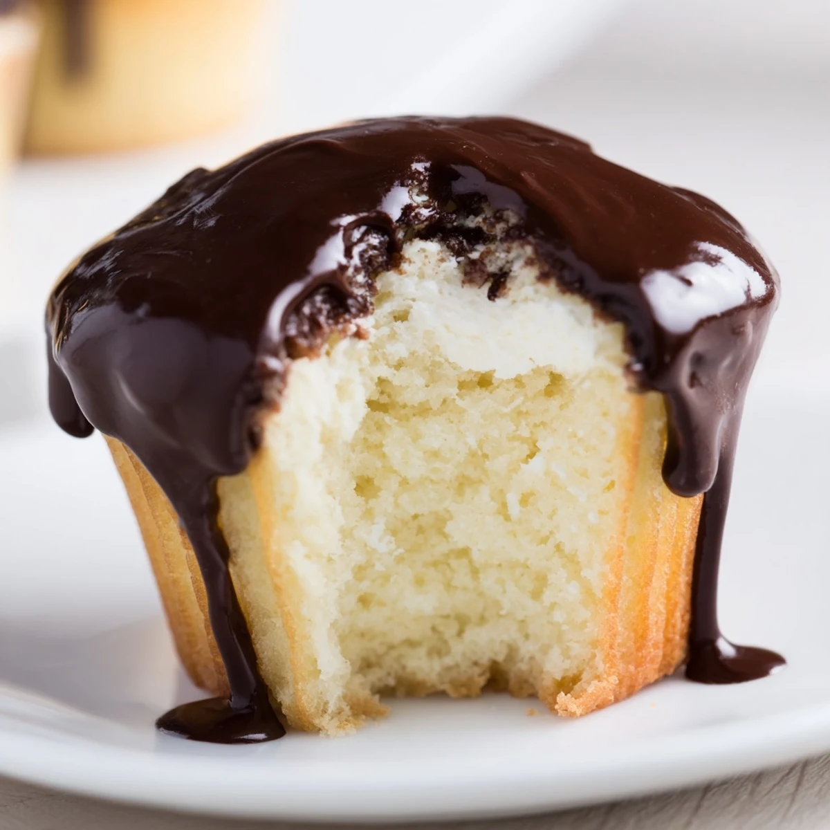 Golden Boston cream pie cupcakes topped with glossy chocolate ganache on white plate