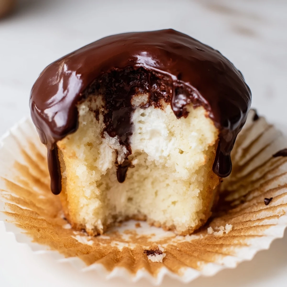 Vanilla cupcakes filled with creamy custard beneath rich chocolate glaze and garnish