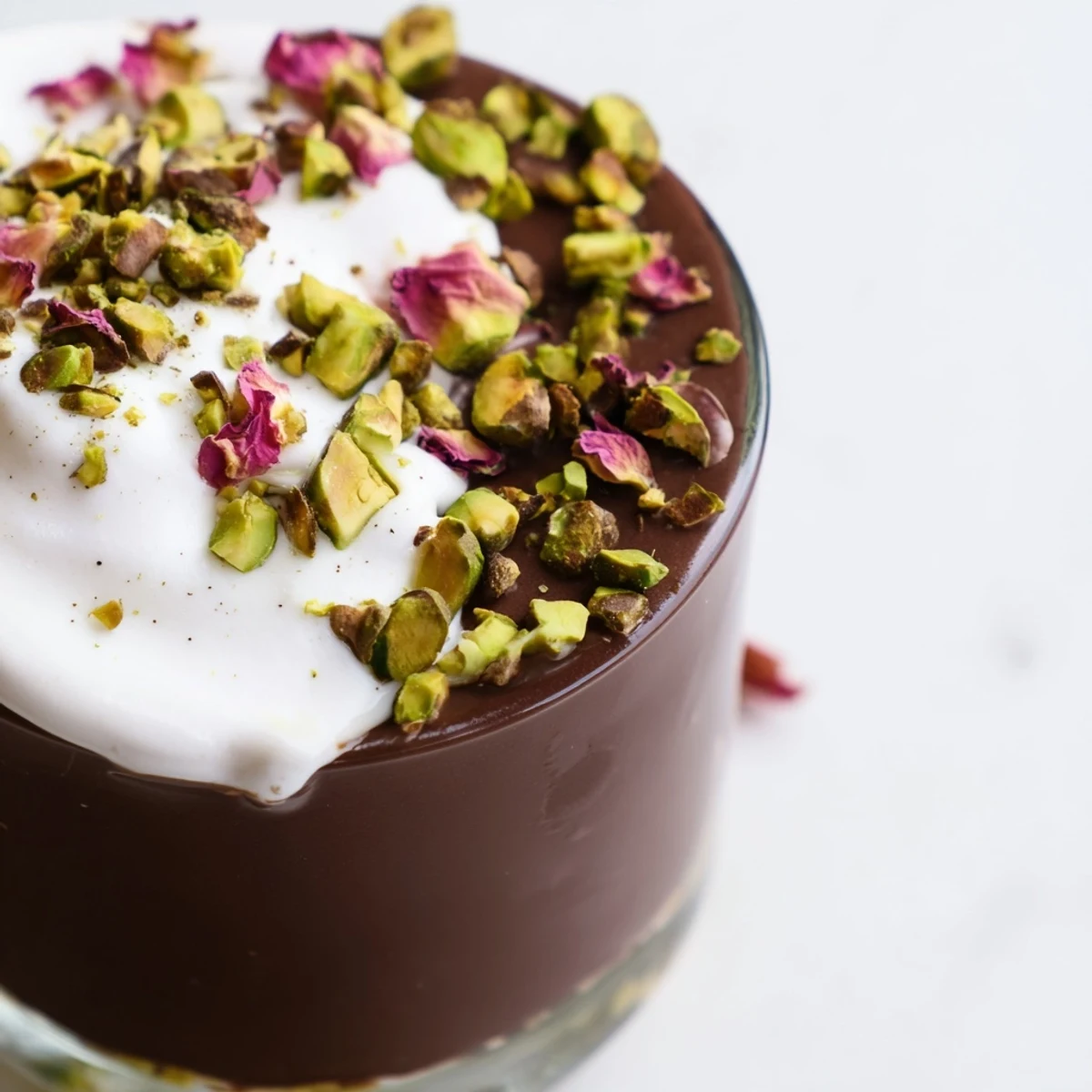 Decadent Dubai chocolate cup layered with crunchy pistachios and fragrant rosewater cream topping