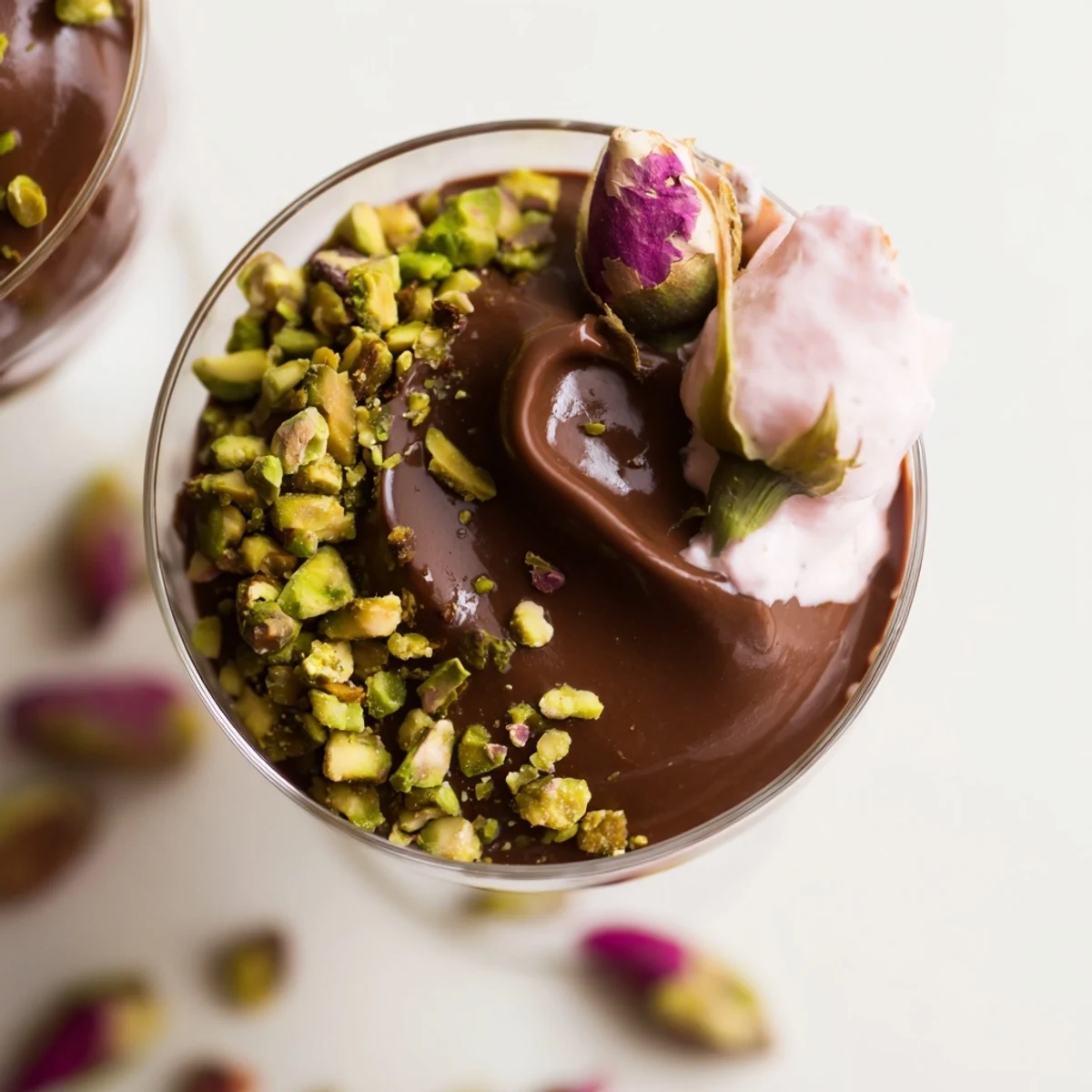 Rich chocolate mousse dessert infused with cardamom and topped with fluffy rosewater whipped cream