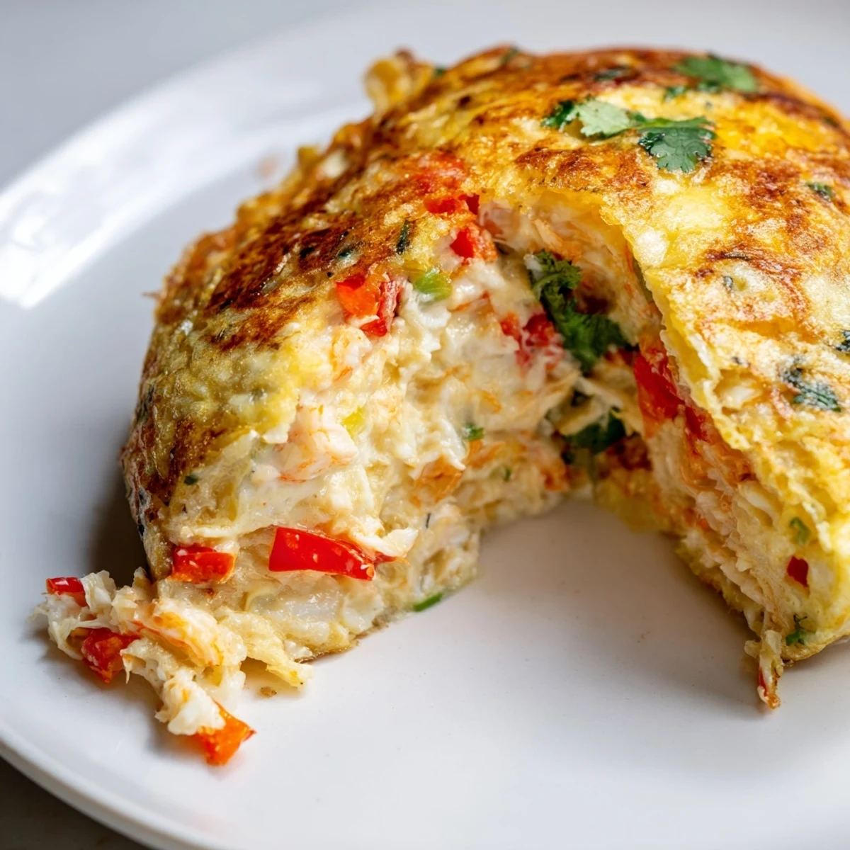 Golden baked crab and shrimp tortilla bombs served on a white platter with fresh cilantro garnish