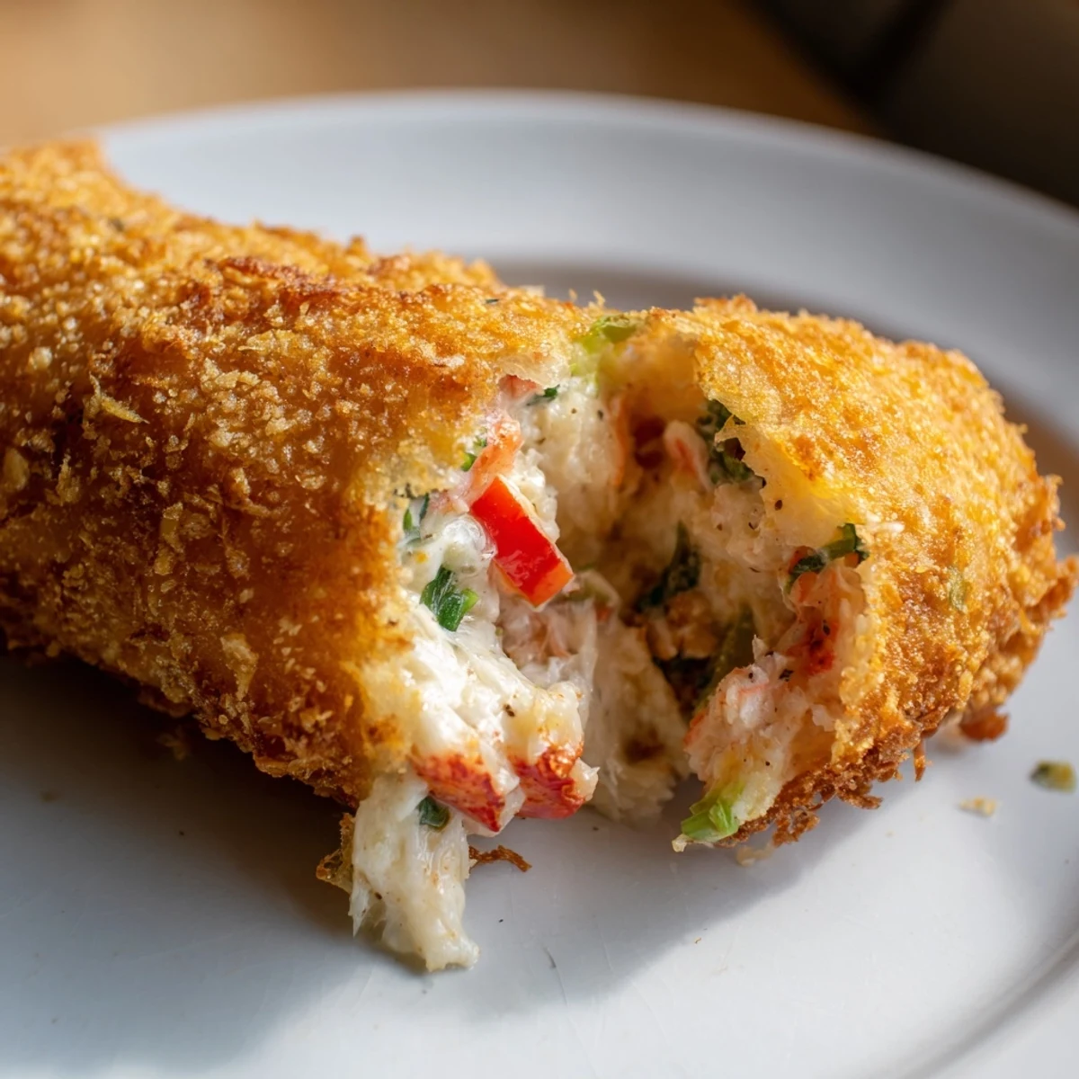 Crispy tortilla-wrapped seafood appetizer filled with cream cheese, crab meat, and chopped shrimp