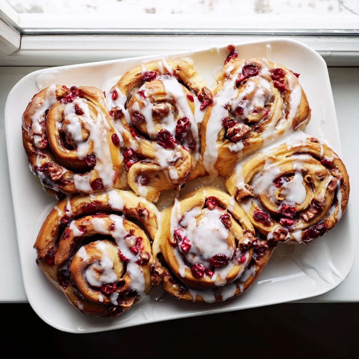Freshly baked cherry cinnamon rolls with sweet cherry swirls and vanilla glaze drizzle