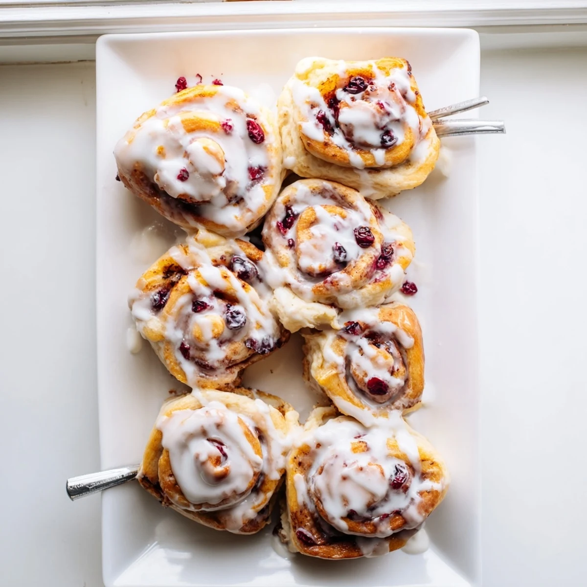Golden cherry cinnamon rolls topped with creamy white glaze on a serving plate