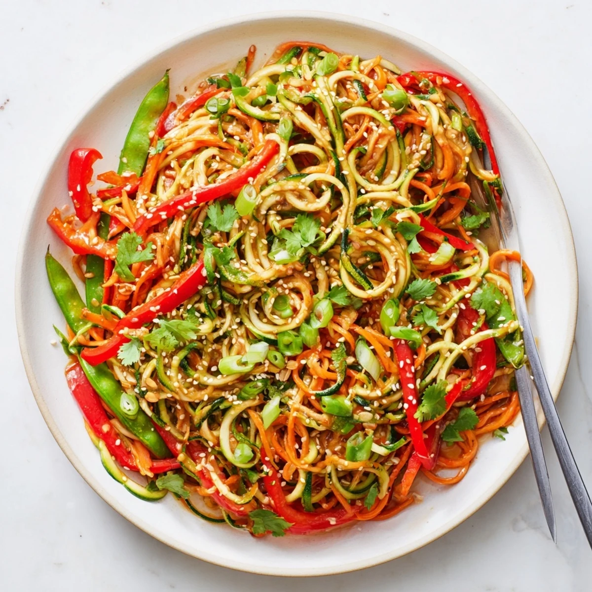 Golden teriyaki zucchini noodles in a white bowl topped with sesame seeds and fresh cilantro