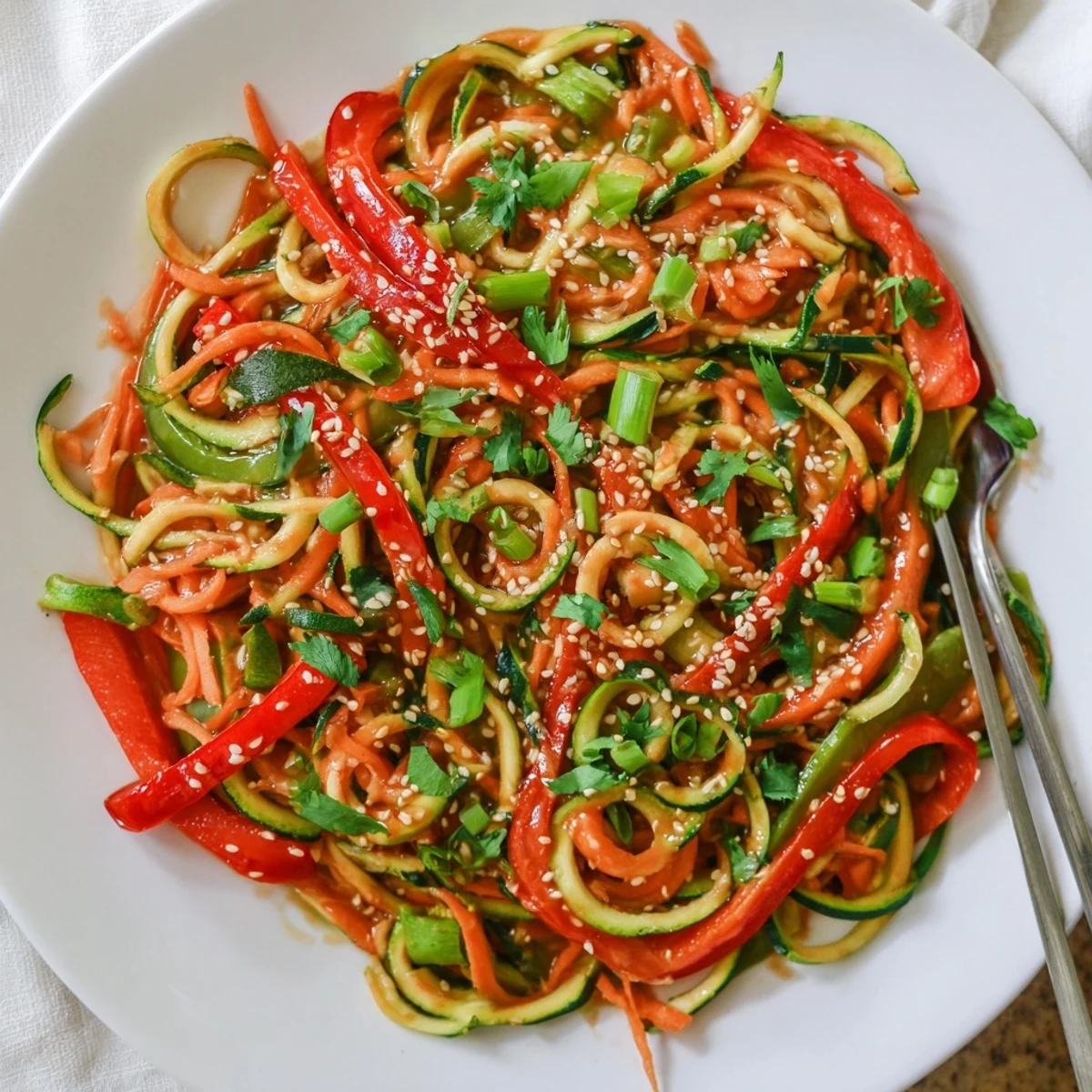 Crisp spiralized zucchini noodles coated in glossy homemade teriyaki sauce with colorful vegetables
