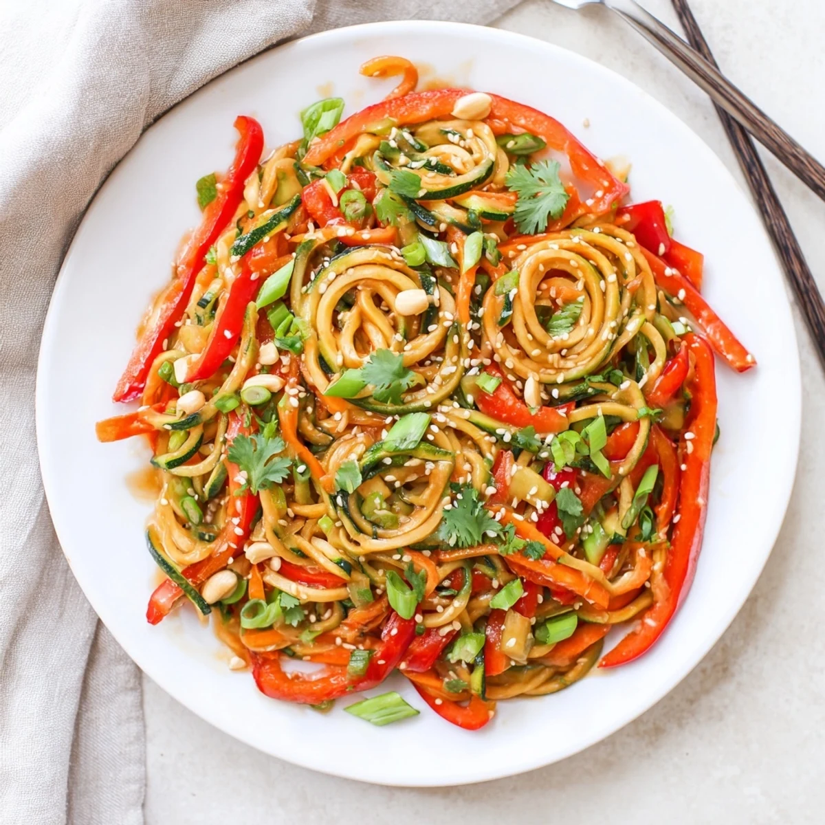 Close-up of tasty teriyaki zucchini noodles tossed with red bell pepper slices and snap peas