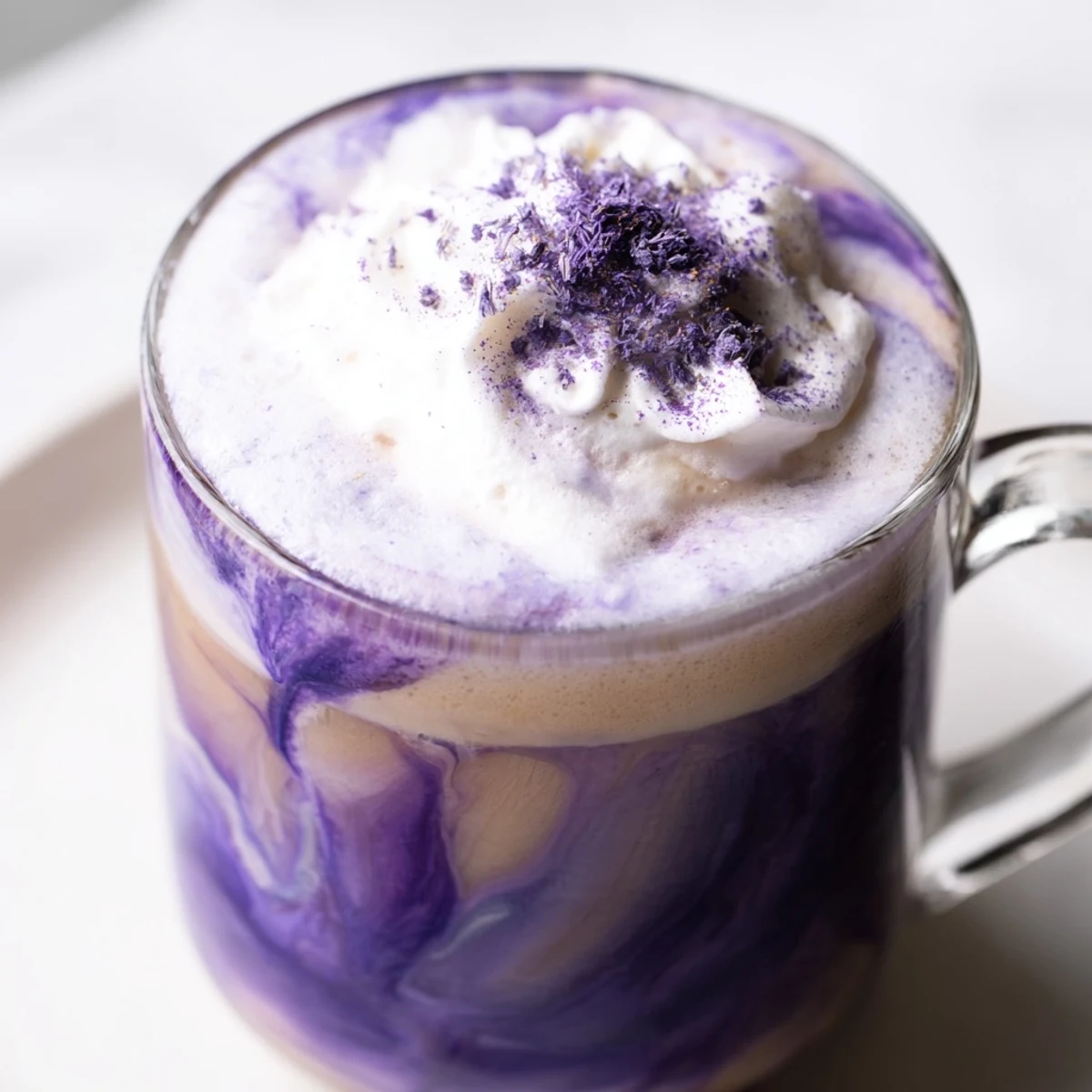 Filipino-inspired ube latte showing rich purple layers blended with hot coffee and milk