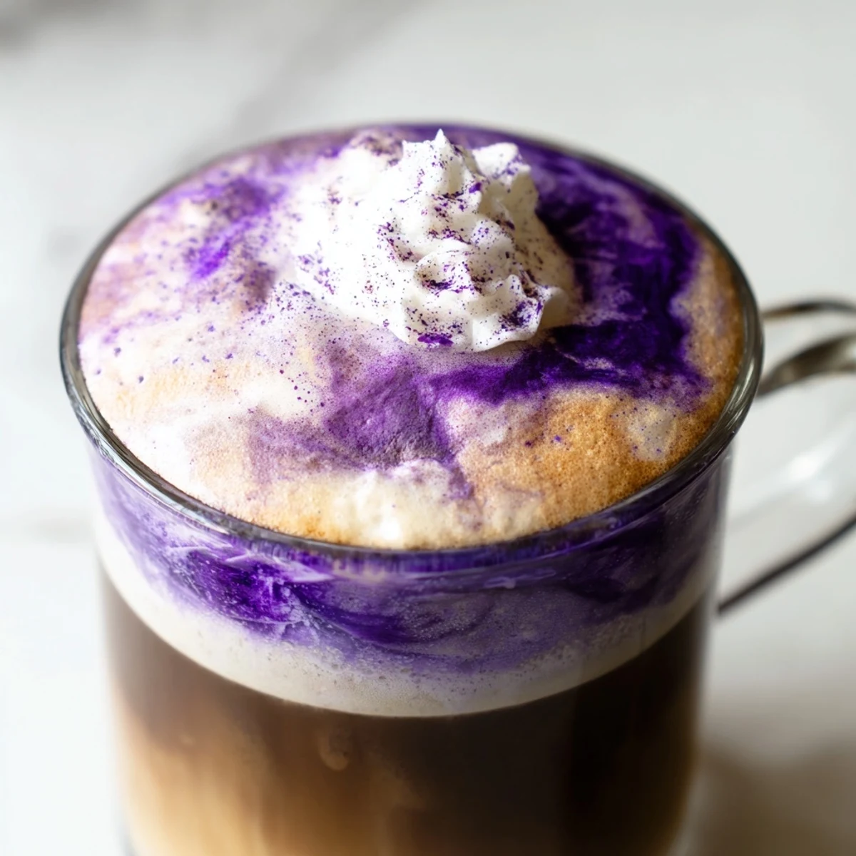Creamy ube latte swirling with espresso and steamed milk, garnished with purple yam flakes