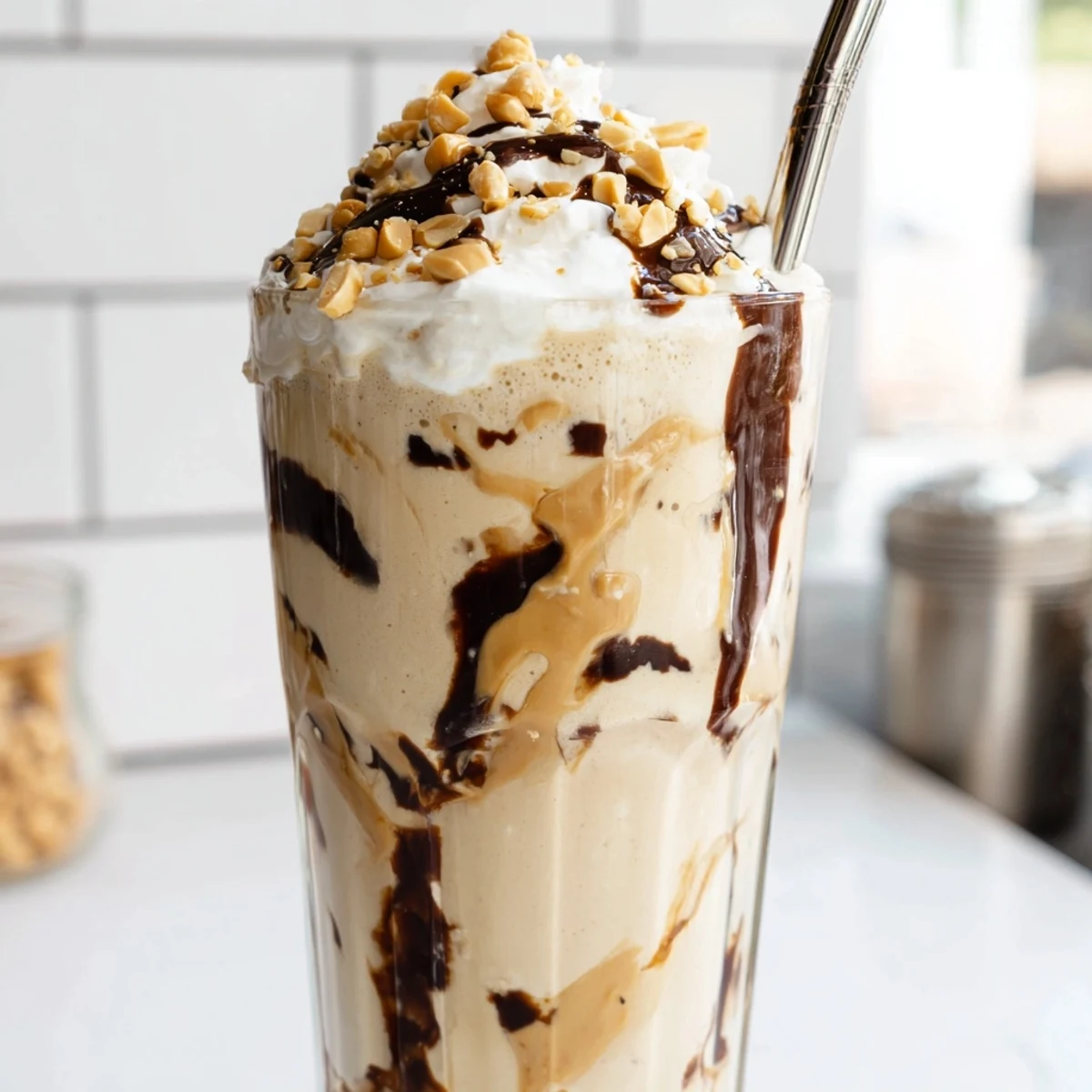 Thick Five Guys-style peanut butter milkshake topped with whipped cream and crushed roasted peanuts in a tall glass