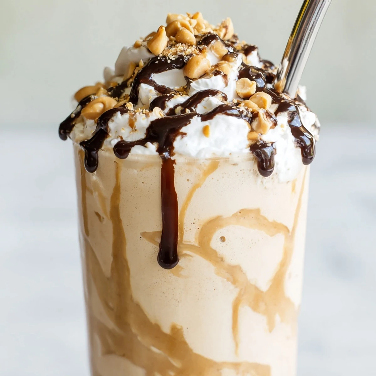 Velvety peanut butter milkshake inspired by Five Guys, garnished with chocolate syrup and served chilled with a straw