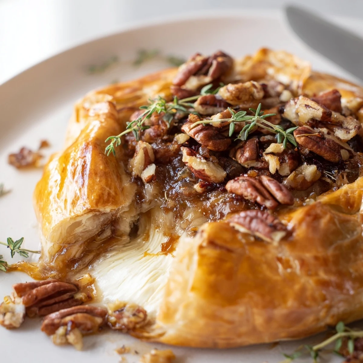 Golden baked brie wrapped in flaky puff pastry topped with sweet fig jam