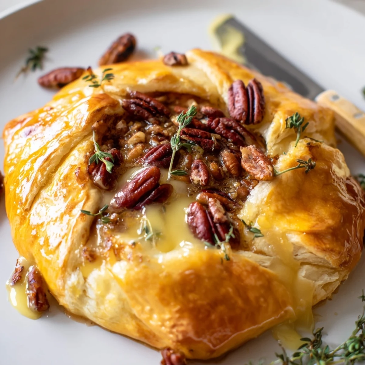 Creamy melted brie cheese flows from buttery pastry with fig jam and toasted pecans