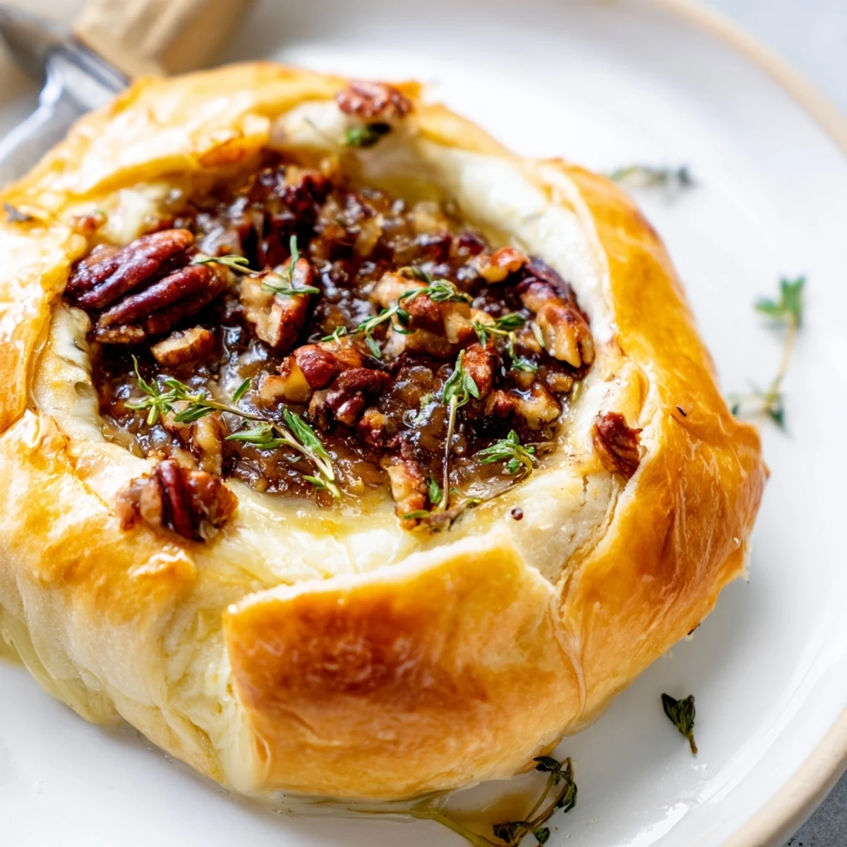 Warm baked brie appetizer oozing from golden crust topped with fig jam and thyme