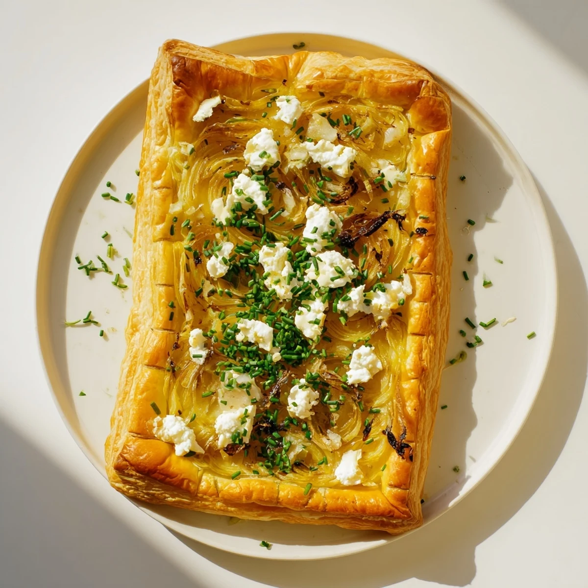 French appetizer of sweet caramelized onions atop buttery pastry with creamy goat cheese crumbles