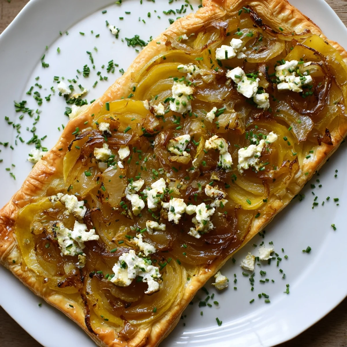 Oven-baked tartlets featuring golden onions, tangy goat cheese, and crisp puff pastry crust