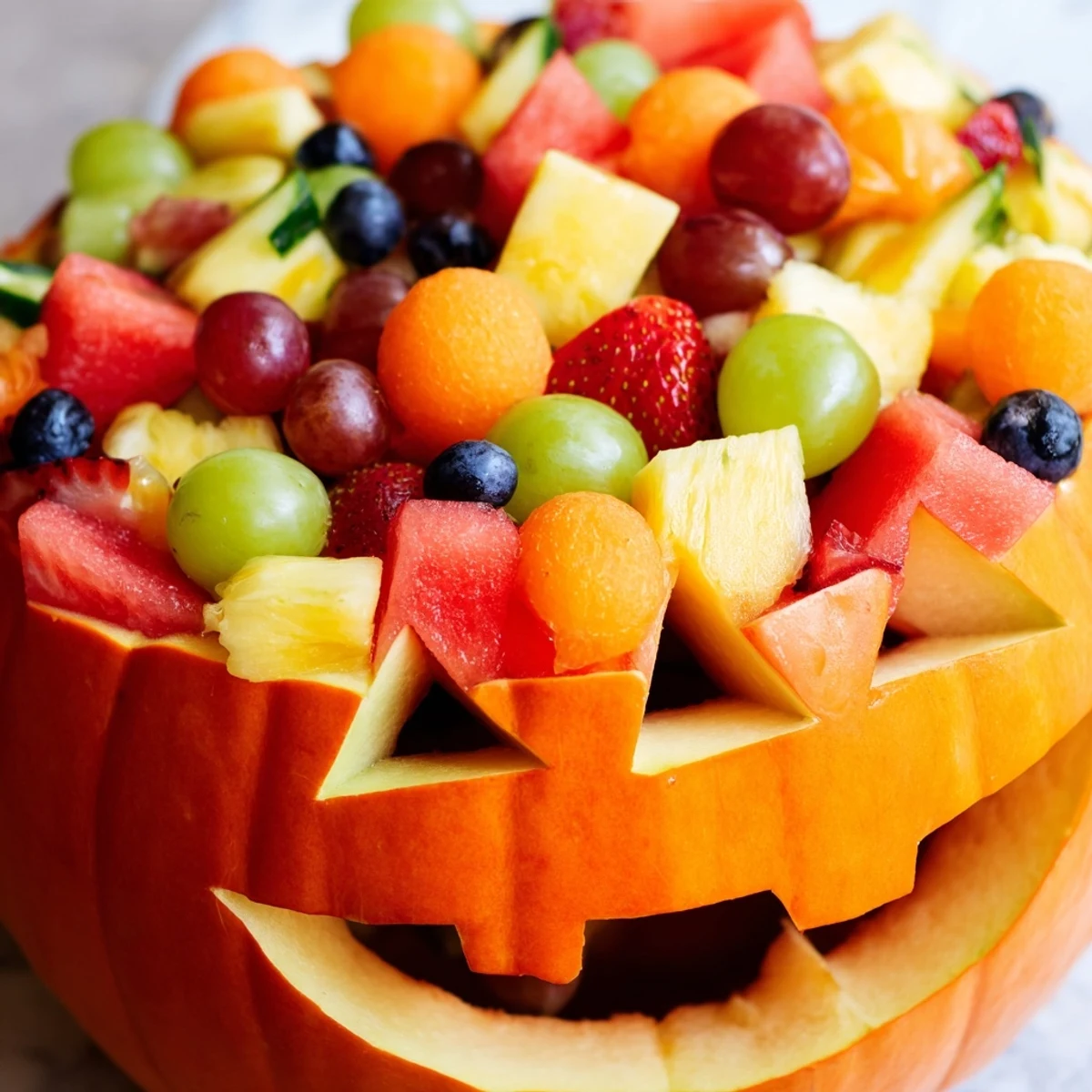 Festive Halloween watermelon jack o lantern filled with juicy melon berries and tropical fruit pieces