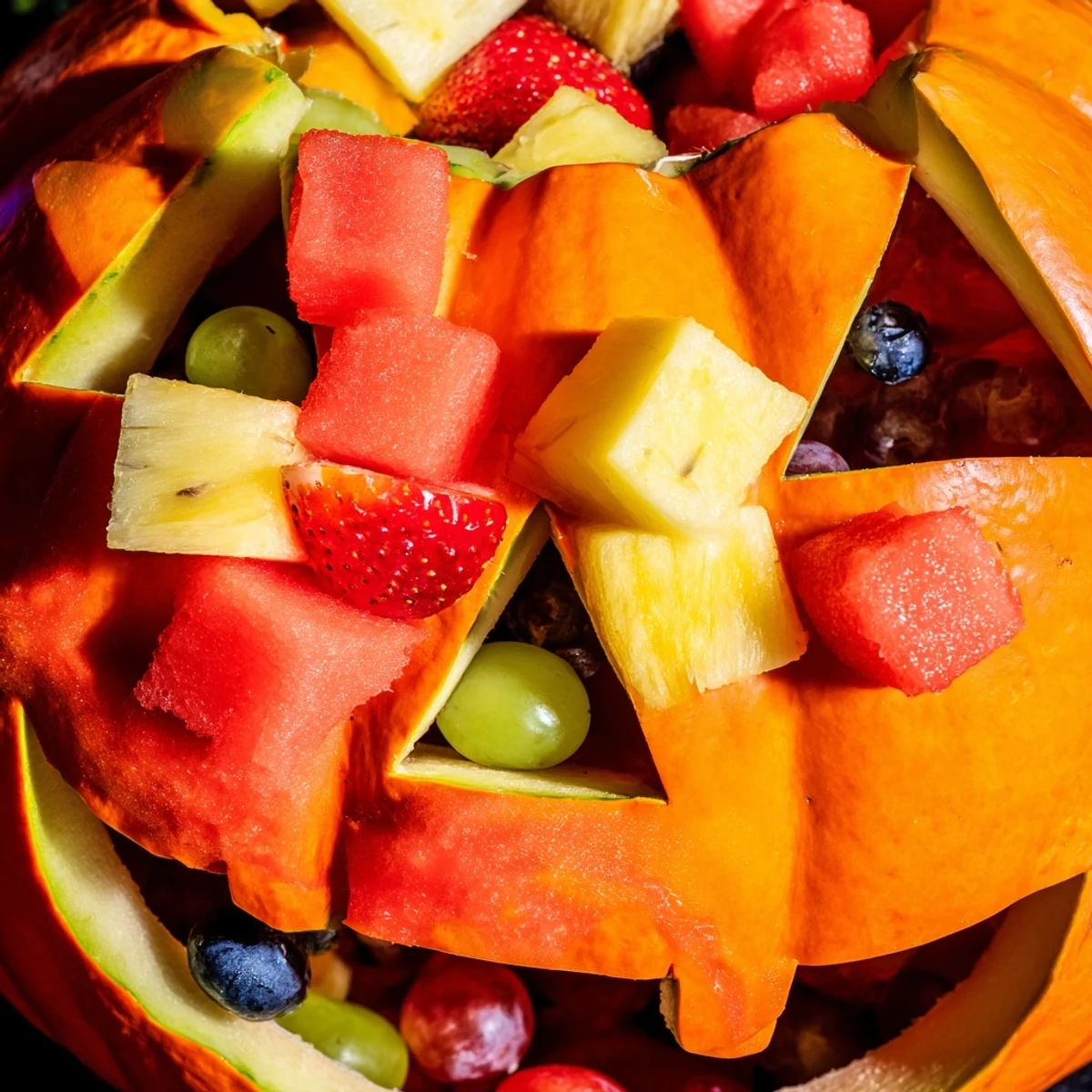 Carved watermelon jack o lantern bowl overflowing with colorful fresh fruit salad on a wooden serving table