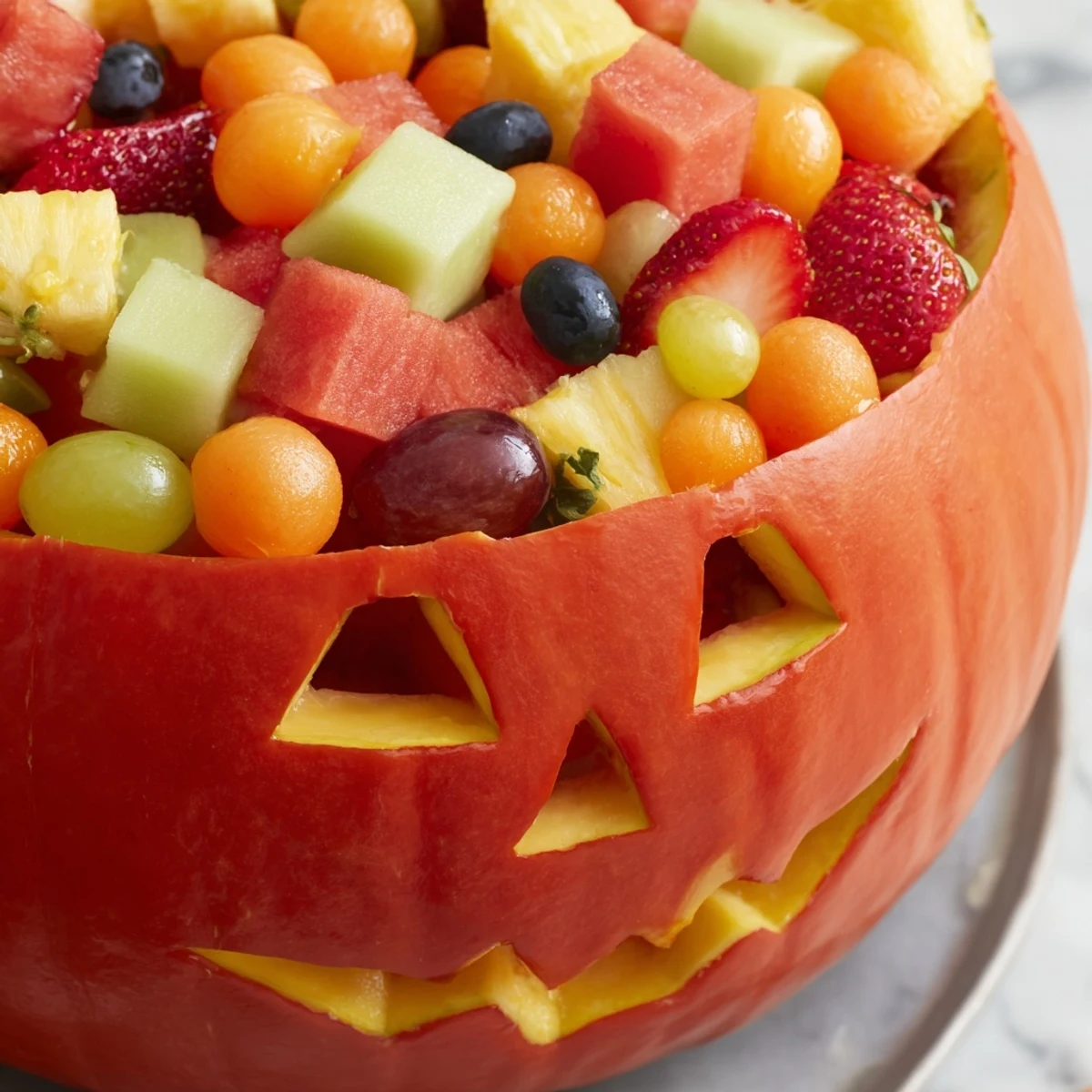 Whimsical watermelon jack o lantern fruit salad displaying vibrant red green and yellow mixed fruits