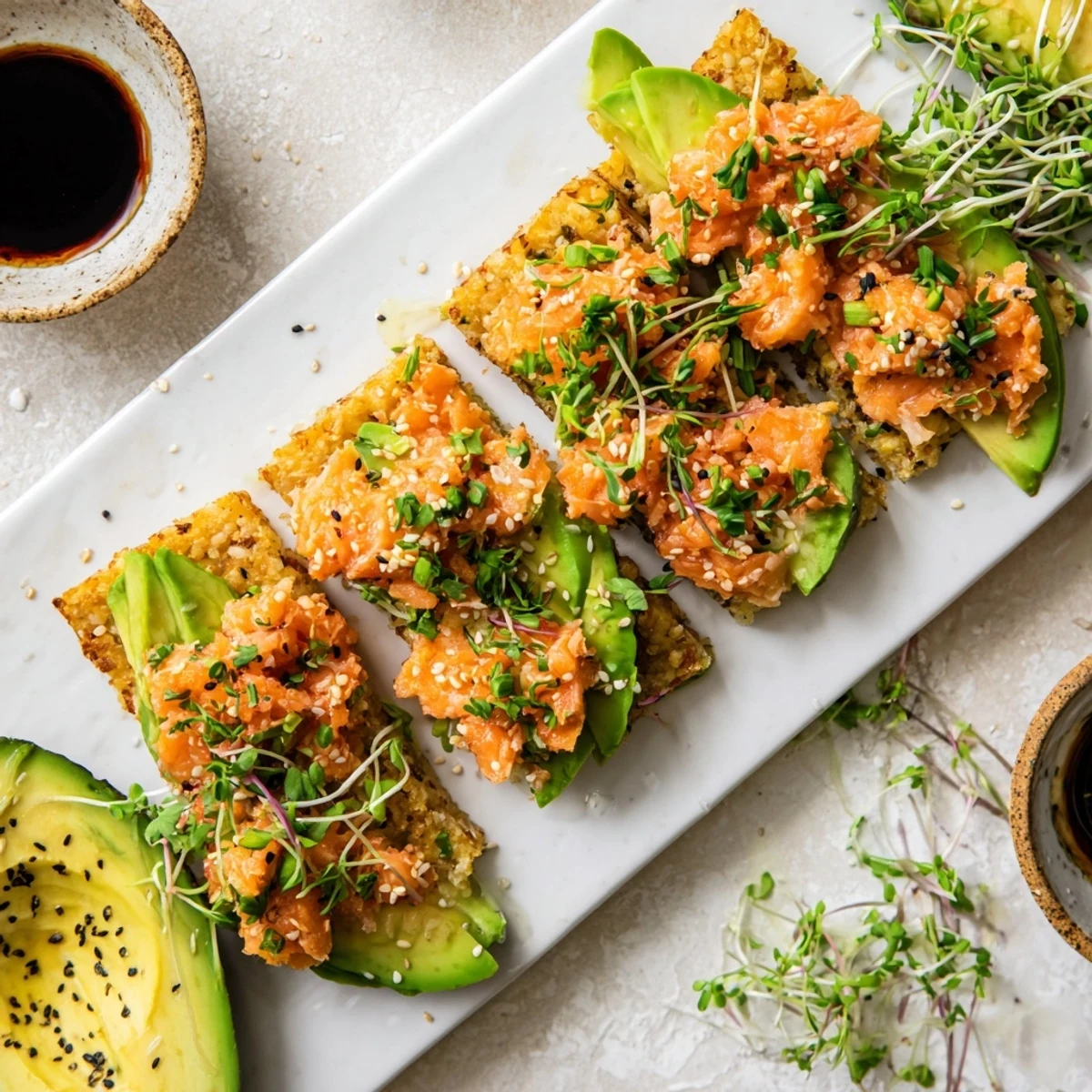 Golden crispy salmon crispy rice topped with fresh avocado slices and spicy salmon