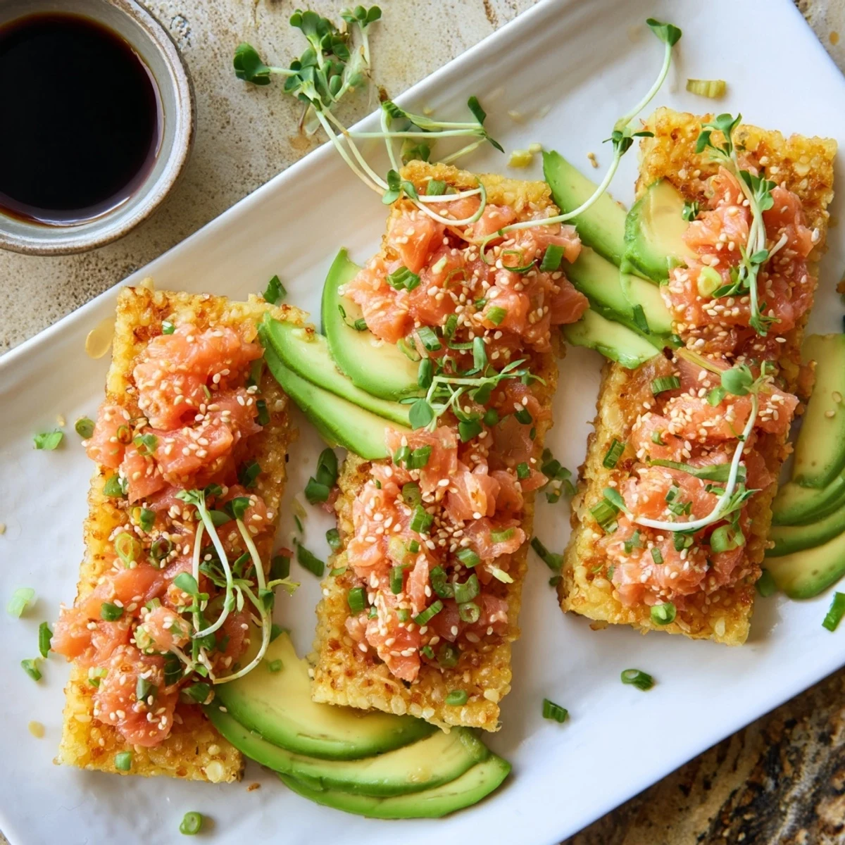 Japanese-inspired crispy rice bites loaded with spicy salmon and garnished with sesame seeds