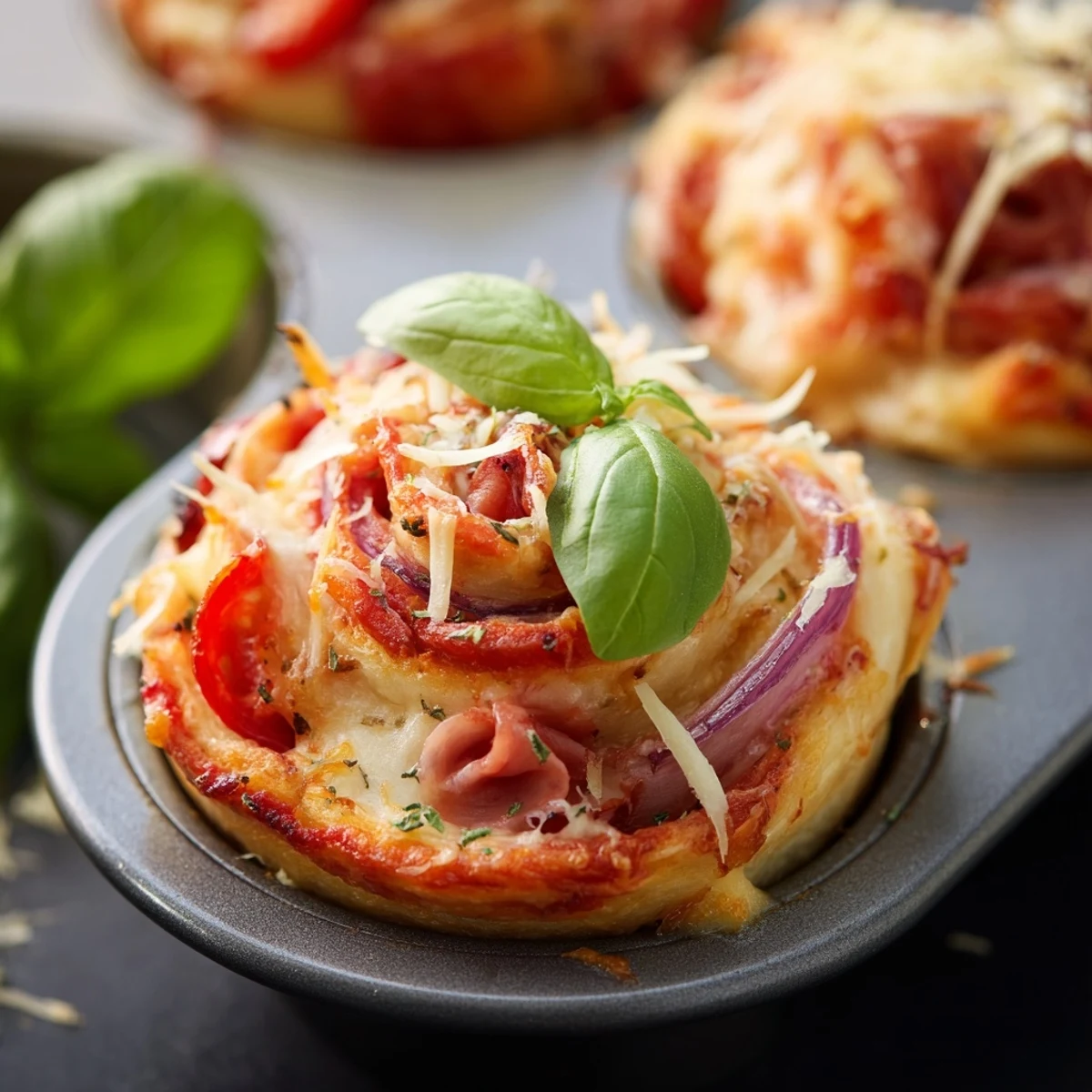 Golden easy pizza roses with melted mozzarella and colorful peppers in a muffin tin
