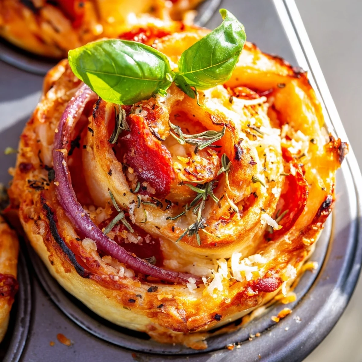 Fresh basil garnished easy pizza roses with Italian herbs baked to golden perfection in cups