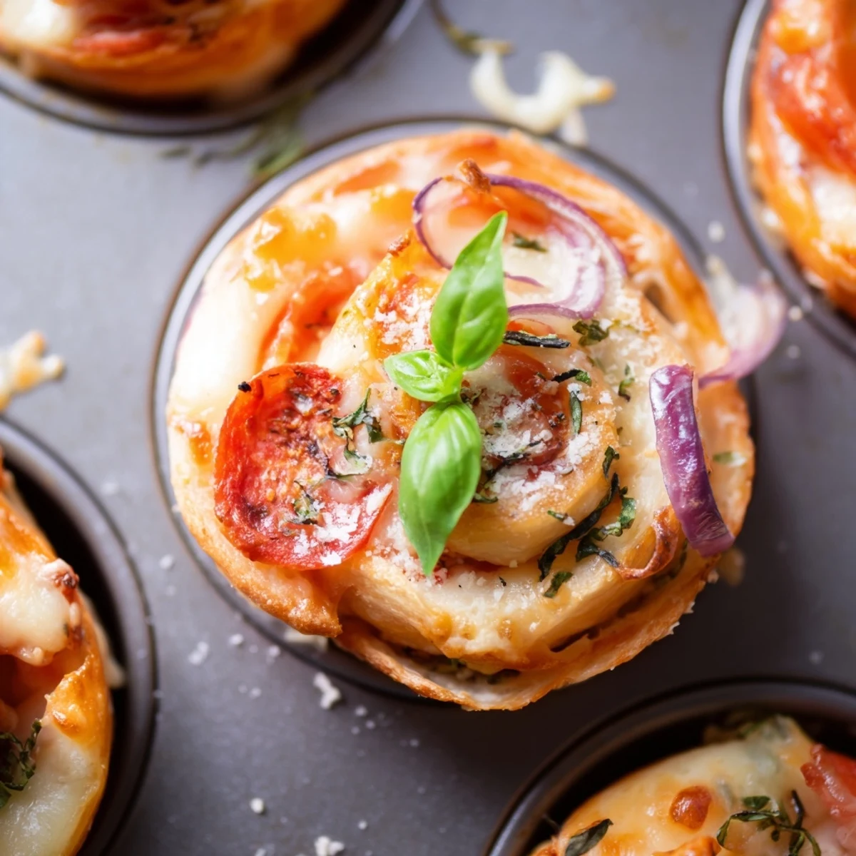 Bubbling cheese easy pizza roses featuring pepperoni and red onion slices arranged in rose shapes