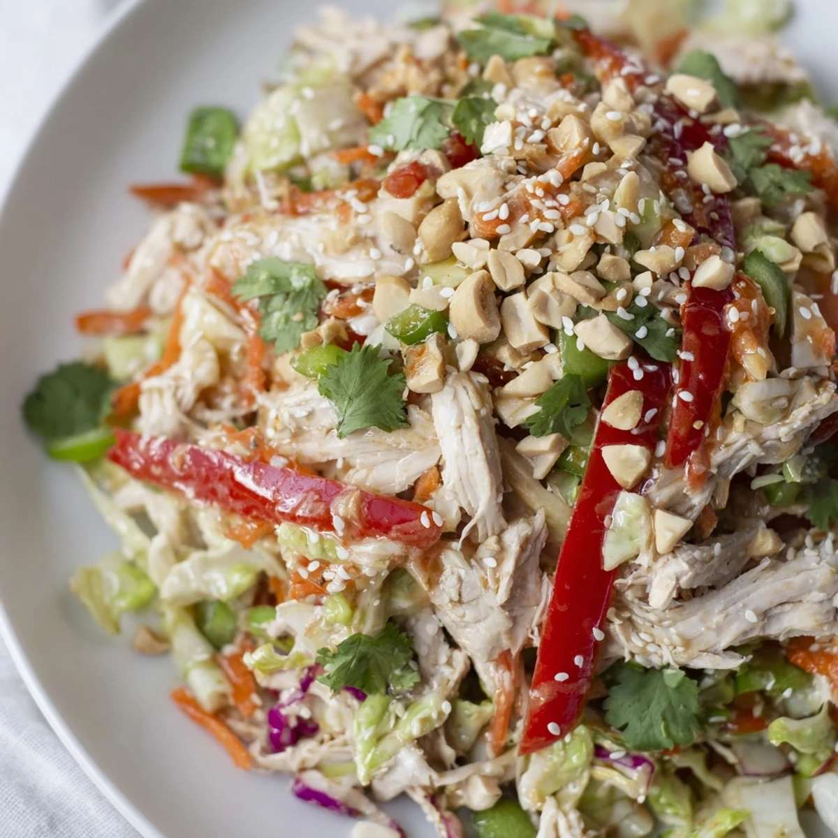 Colorful no cook Asian chicken salad bowl with shredded chicken, crisp vegetables, and sesame ginger dressing