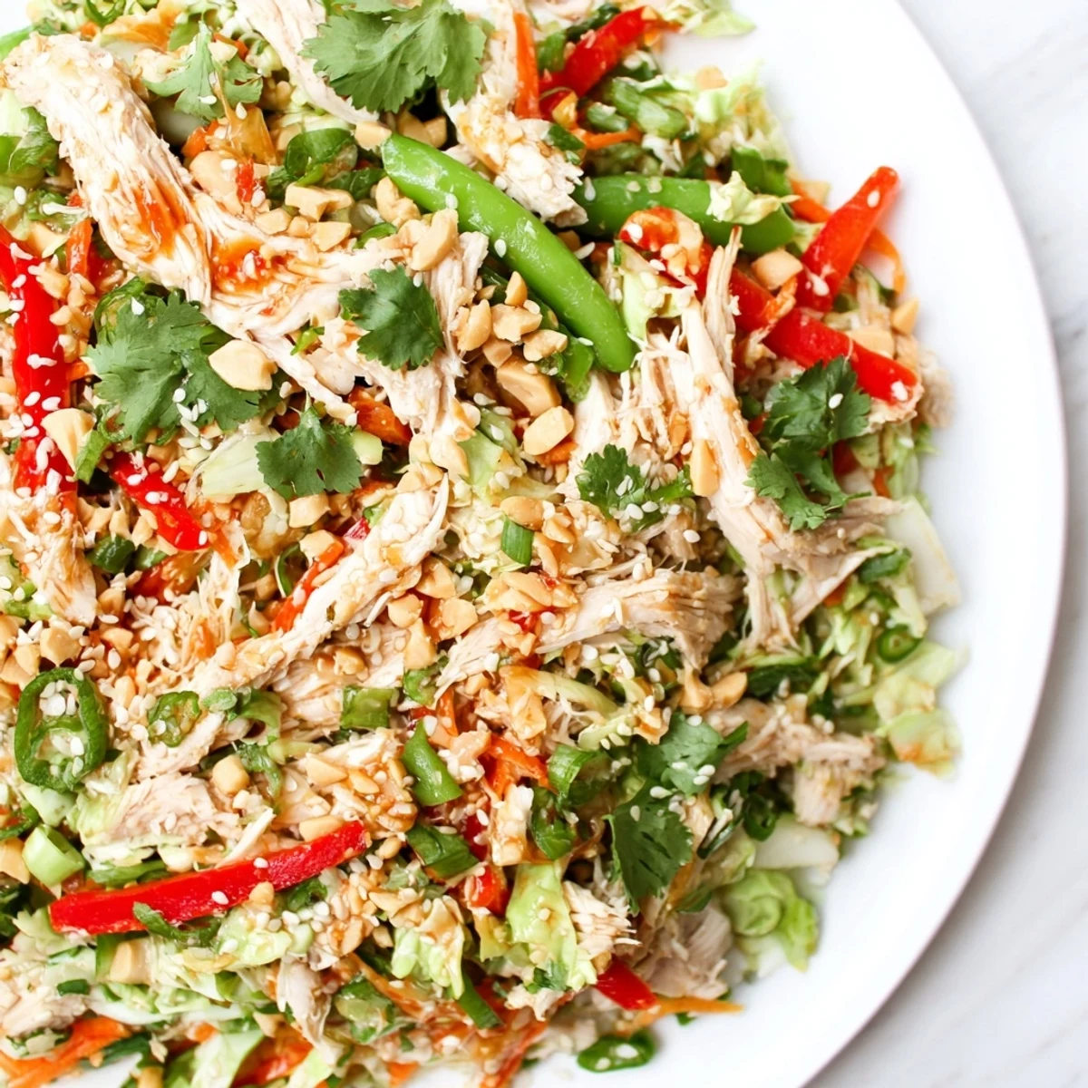 Protein-packed no cook Asian chicken salad plated with vibrant peppers, snap peas, and zesty dressing