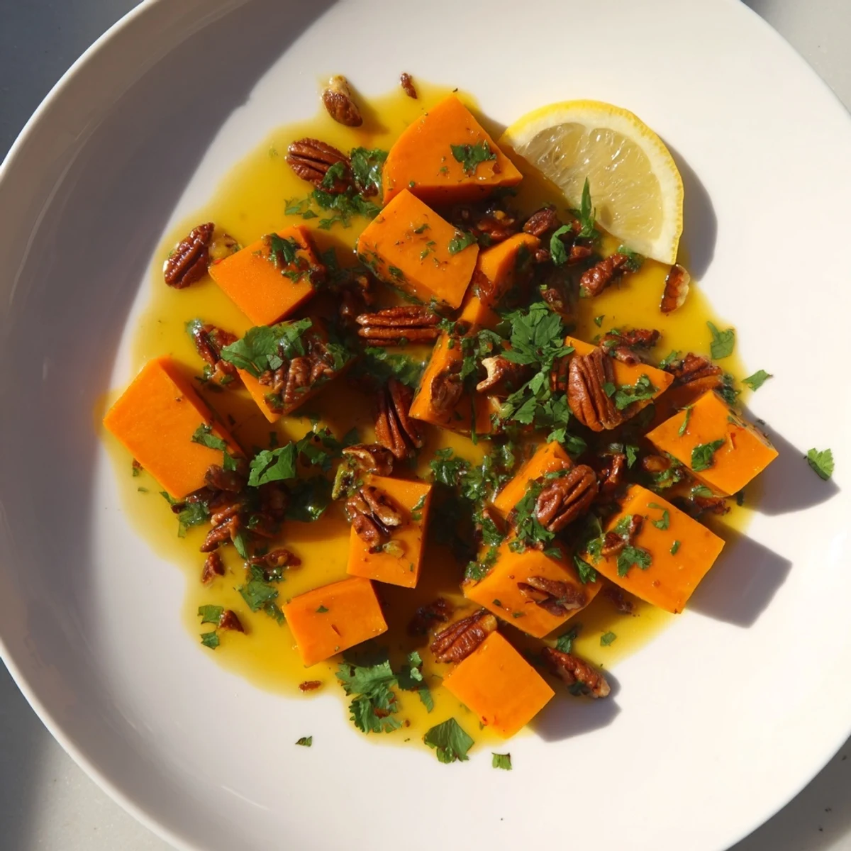 Golden braised sweet potatoes topped with spicy piri piri pecans on a white serving plate