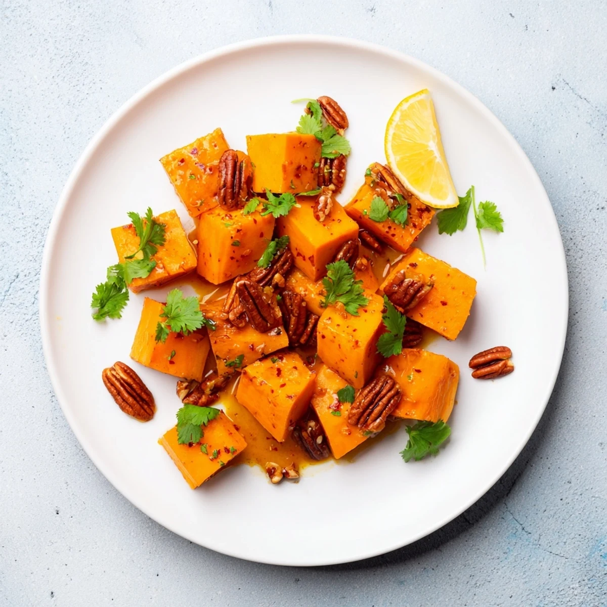 Tender sweet potato cubes glazed and simmered with crunchy seasoned pecan garnish