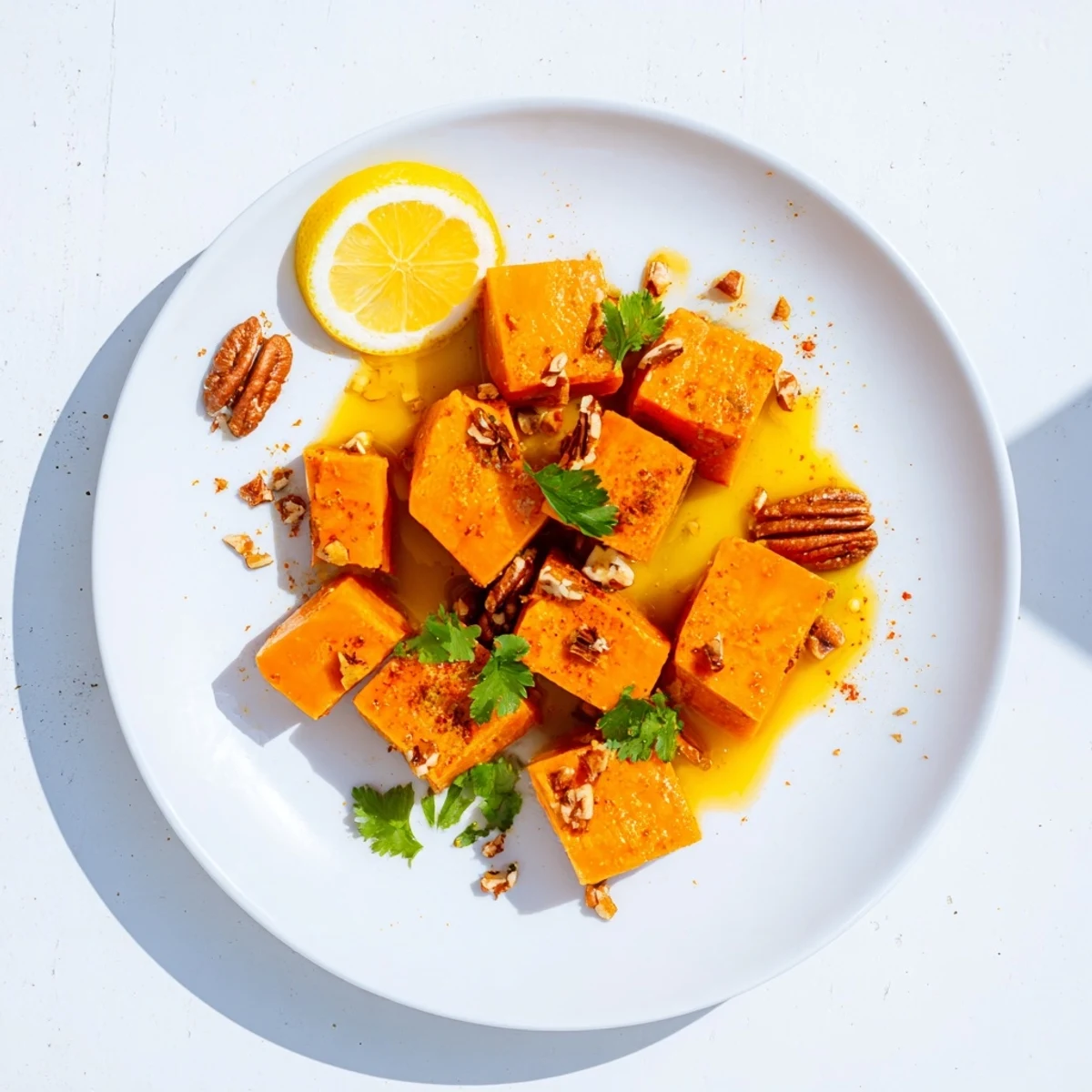 Modern American side dish featuring silky braised sweet potatoes scattered with roasted spiced nuts