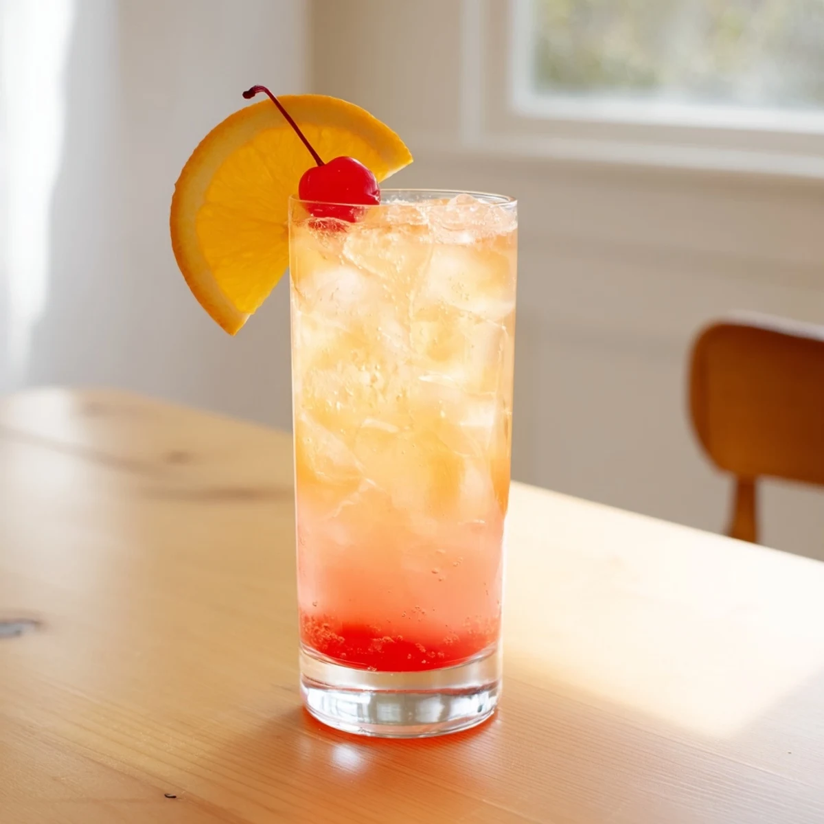 Tall glass of Easy Shirley Temple Drink with grenadine swirl, ice, and bright red maraschino cherry on top