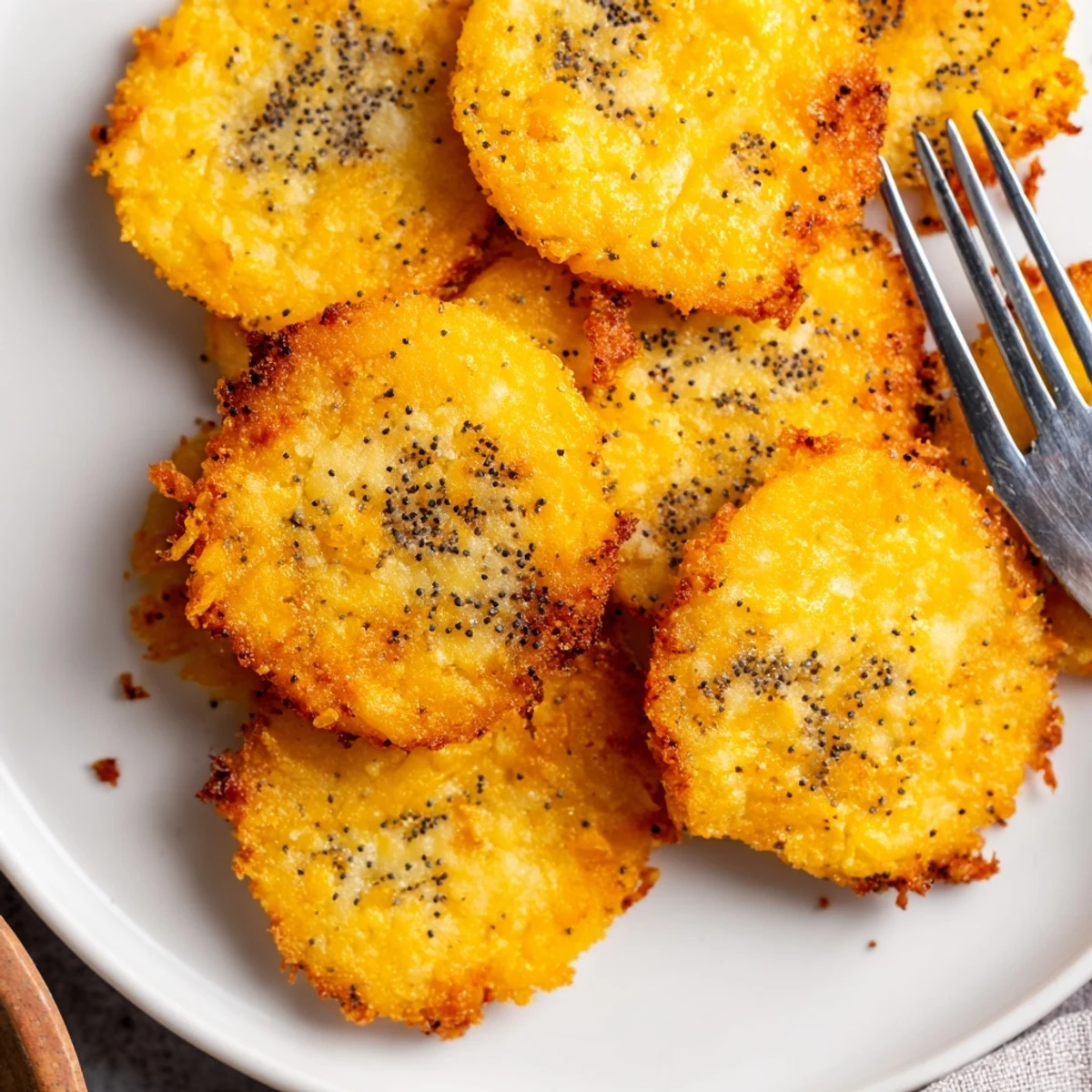Golden baked cheddar cheese coins arranged on a white serving platter with garnish