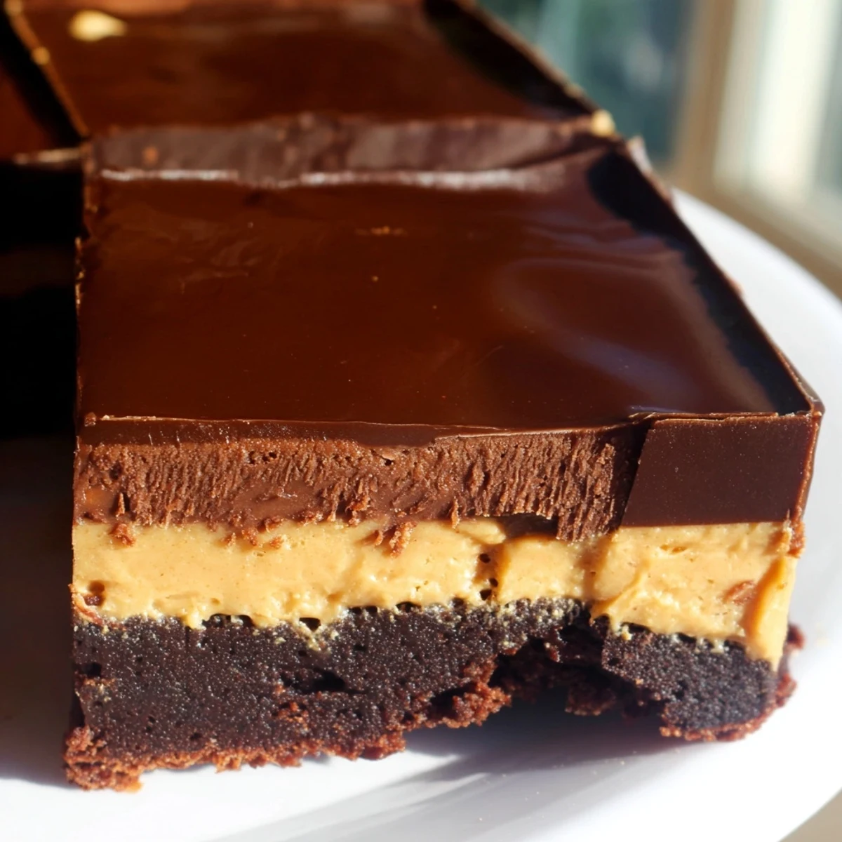 Square of fudgy layered peanut butter brownies cut to reveal three distinct dessert layers on a white plate