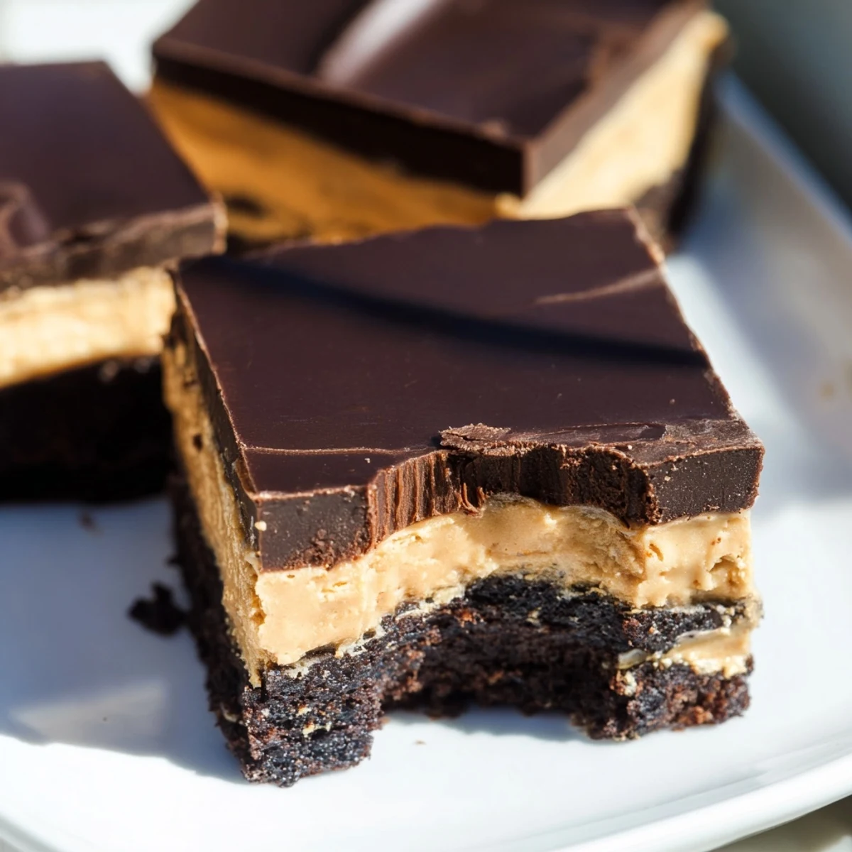 Homemade layered peanut butter brownies featuring dense chocolate cake, smooth peanut butter filling, and dark chocolate glaze topping