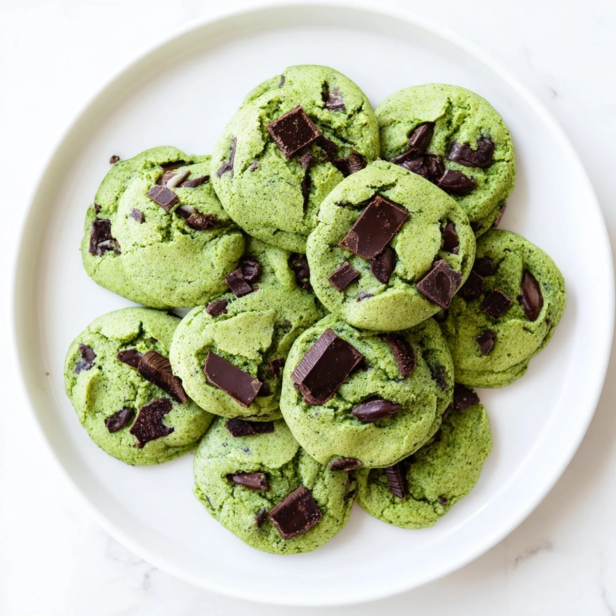 Freshly baked green mint chocolate chip cookies cooling on a wire rack with golden edges